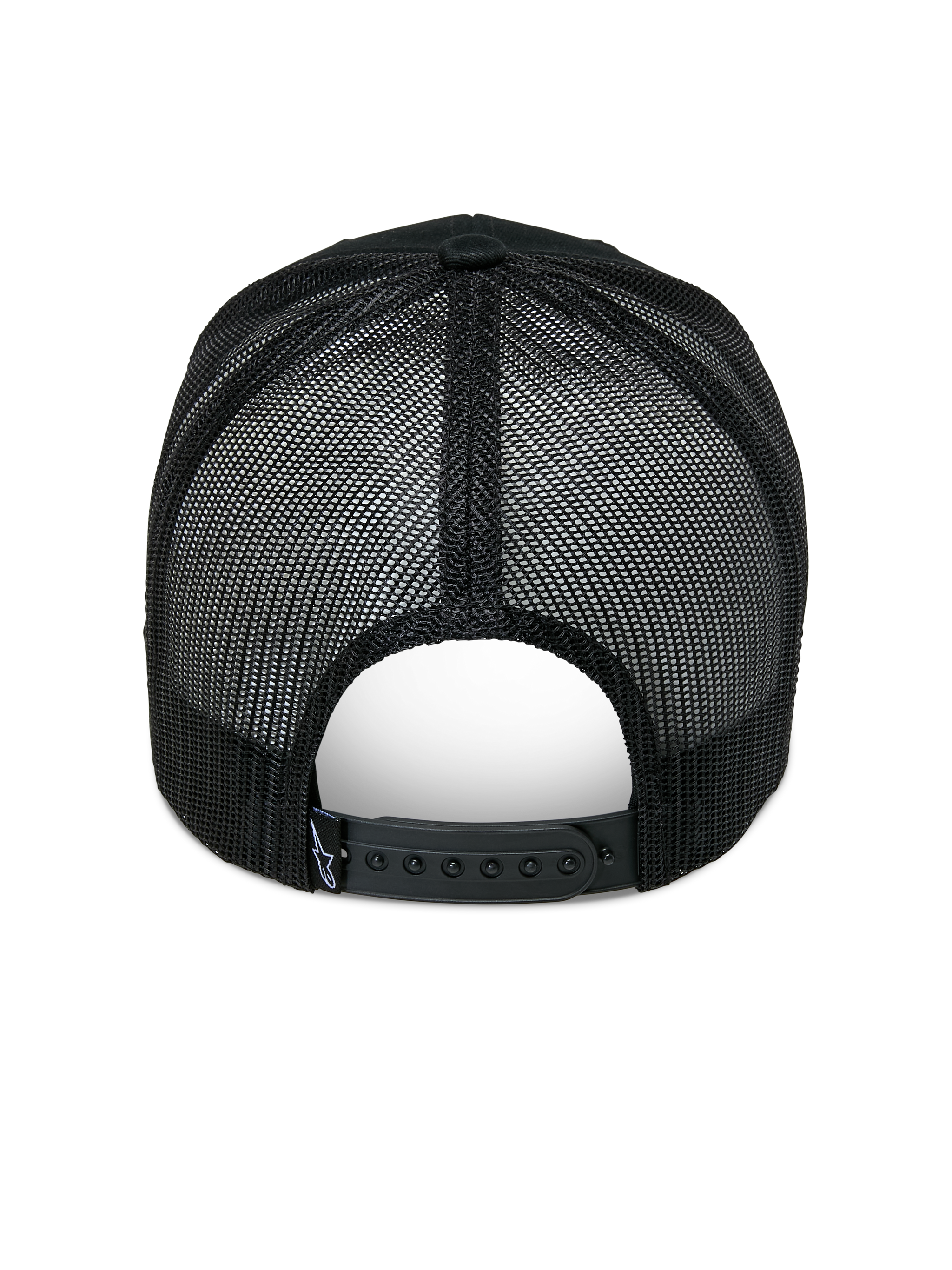 Alpinestars Agree Trucker Hat, Rear View, Black, breathable polyester mesh back with adjustable snapback closure and small white logo label, casual motorsport-inspired headwear