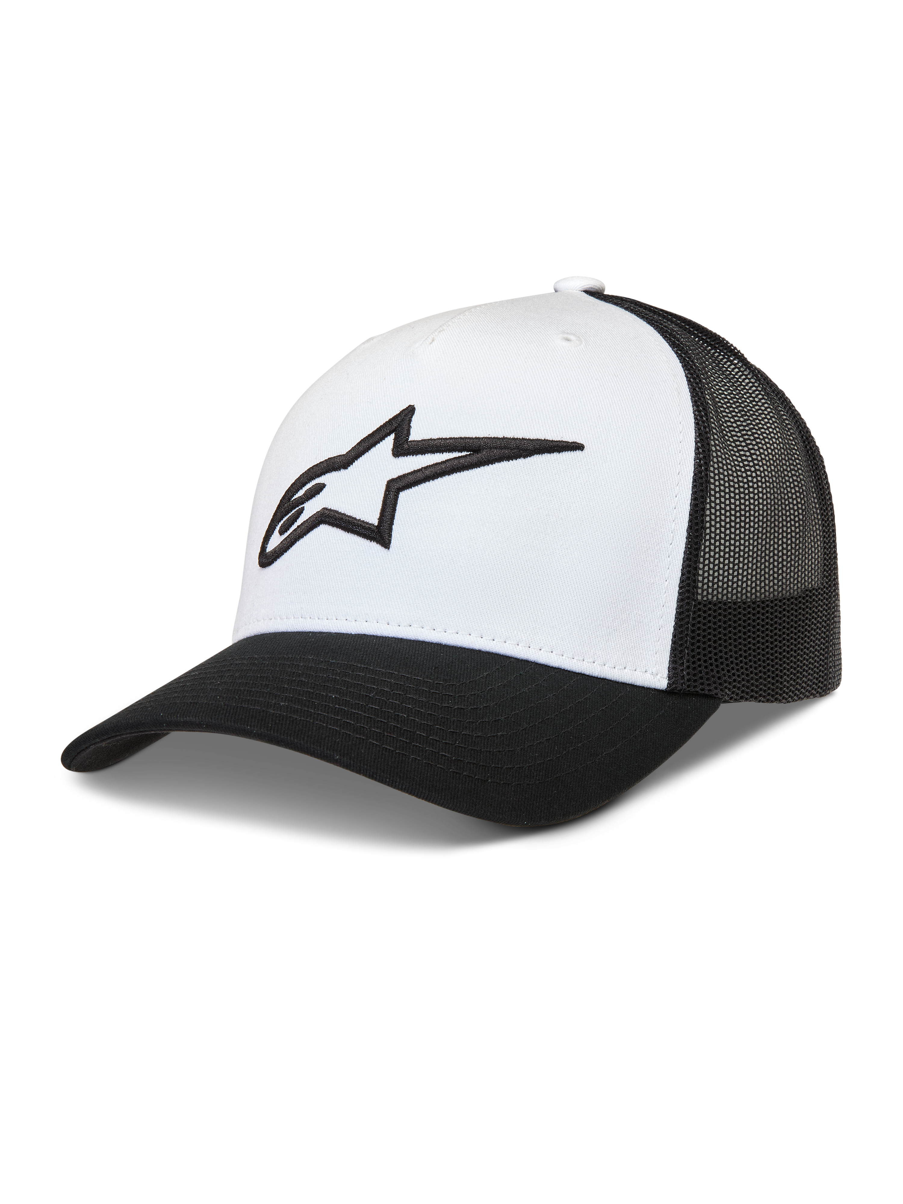 Alpinestars Ageless Snapback, gorra de estilo trucker blanca y negra con corona estructurada y logo Astars 3D.