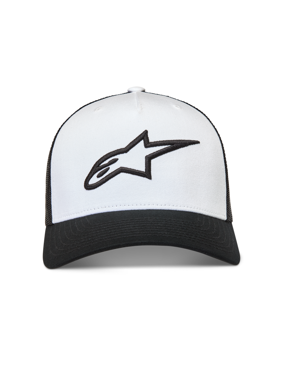Alpinestars Ageless Snapback, gorra de estilo trucker, blanca y negra, con logo Astars bordado en 3D, visera curva y parte trasera de malla