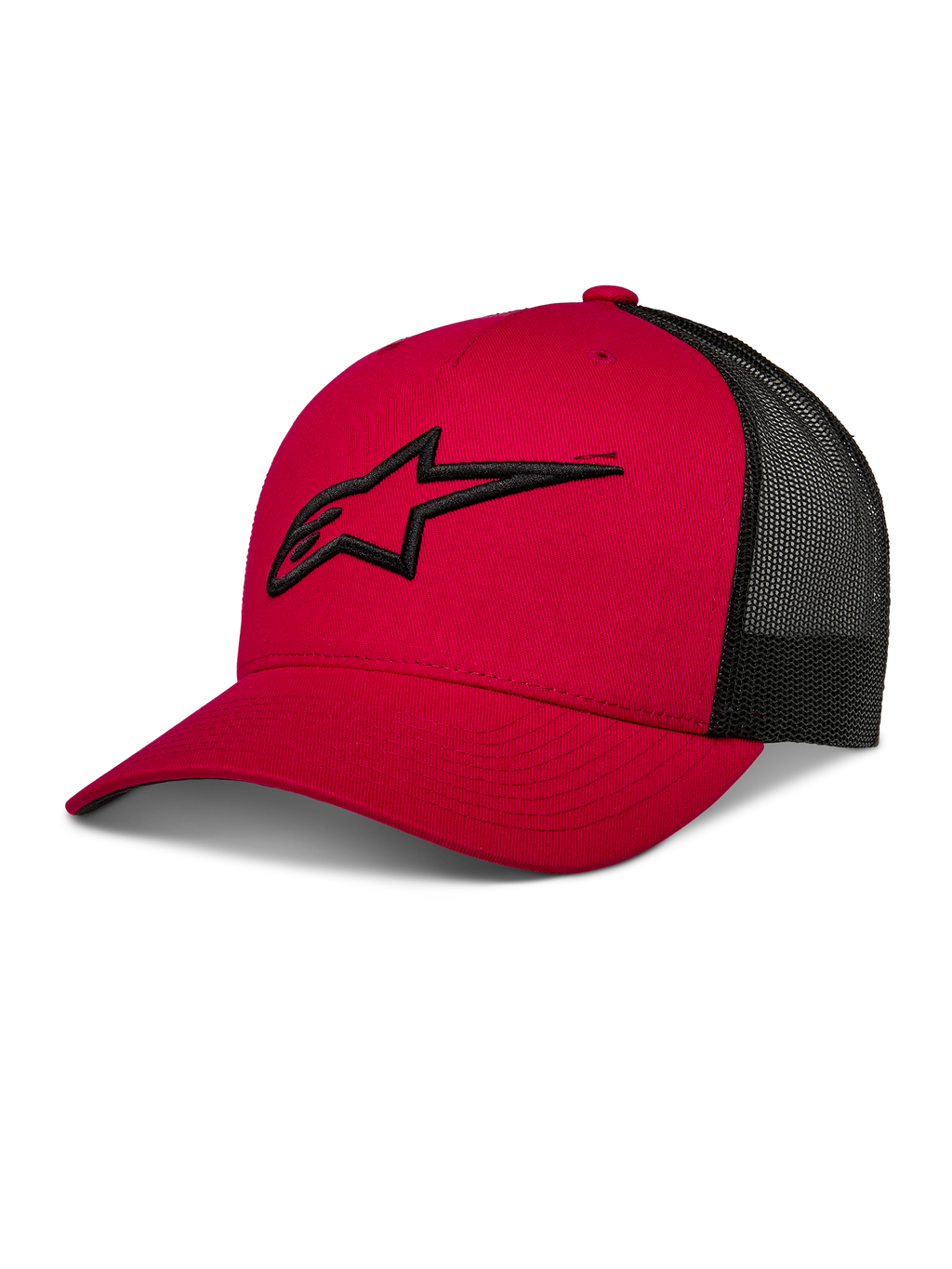 Alpinestars Ageless Trucker Hat, gorra de béisbol roja y negra con parte trasera de malla, visera curva, logo Astars negro bordado en 3D, corona estructurada, ropa deportiva casual de motor