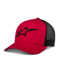 Alpinestars Ageless Trucker Hat, gorra de béisbol roja y negra con parte trasera de malla, visera curva, logo Astars negro bordado en 3D, corona estructurada, ropa deportiva casual de motor