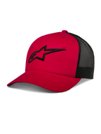 Alpinestars Ageless Trucker Hat, gorra de béisbol roja y negra con parte trasera de malla, visera curva, logo Astars negro bordado en 3D, corona estructurada, ropa deportiva casual de motor