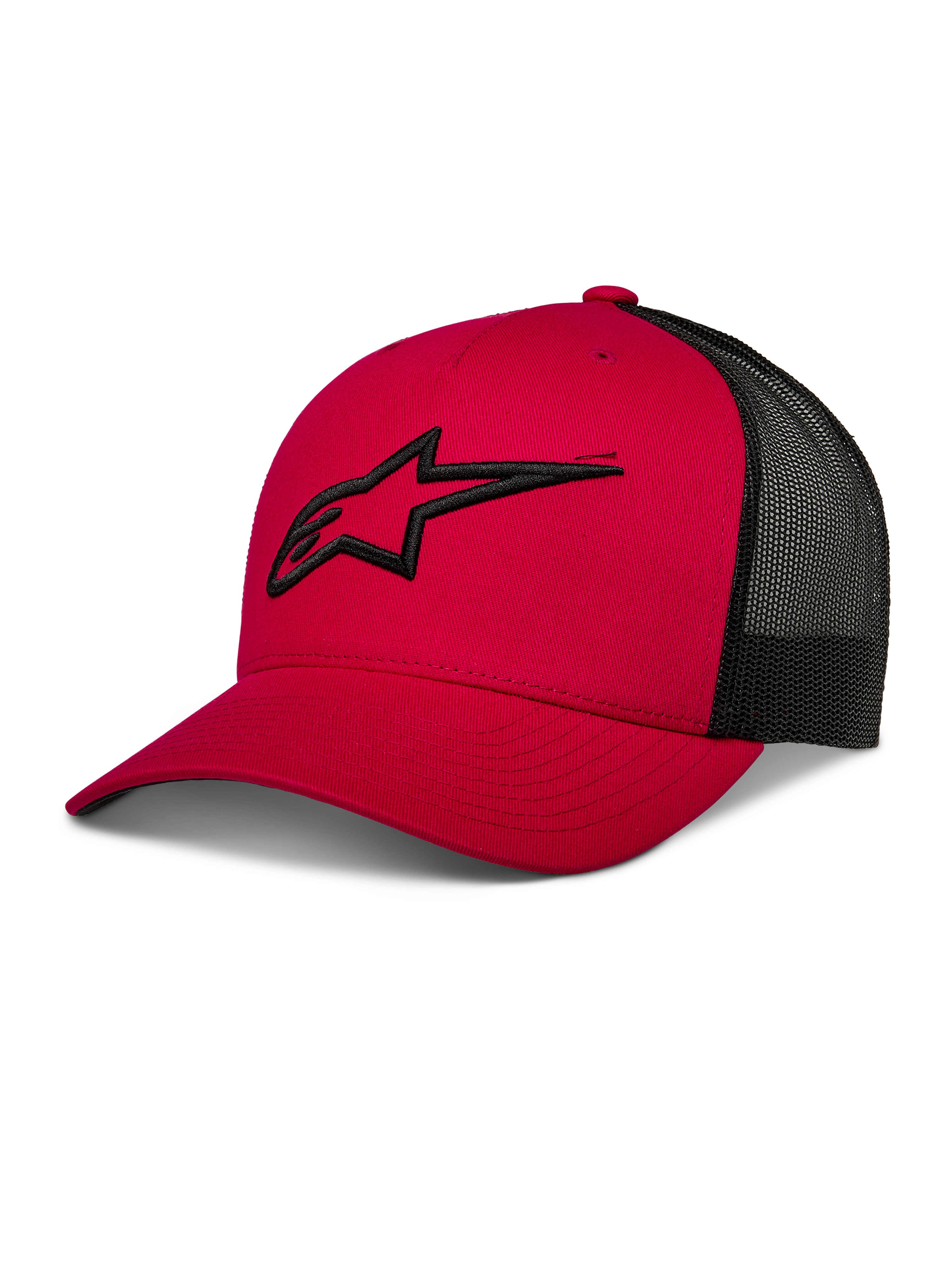 Alpinestars Ageless Trucker Hat, gorra de béisbol roja y negra con parte trasera de malla, visera curva, logo Astars negro bordado en 3D, corona estructurada, ropa deportiva casual de motor