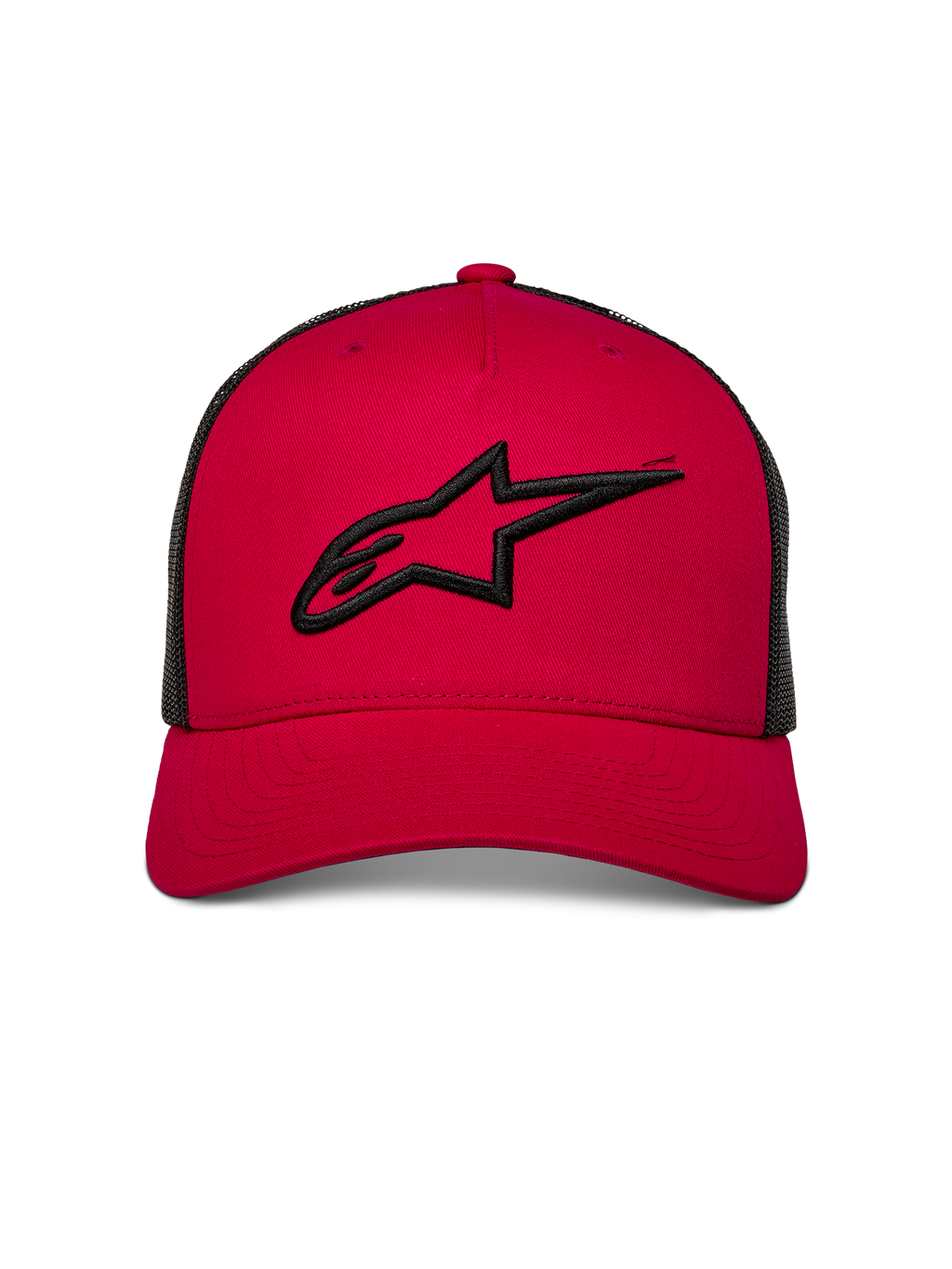 Gorra Trucker Alpinestars Ageless, roja con parte trasera de malla negra, logotipo Astars bordado en 3D en negro en la parte frontal, visera curva, accesorio casual inspirado en el automovilismo