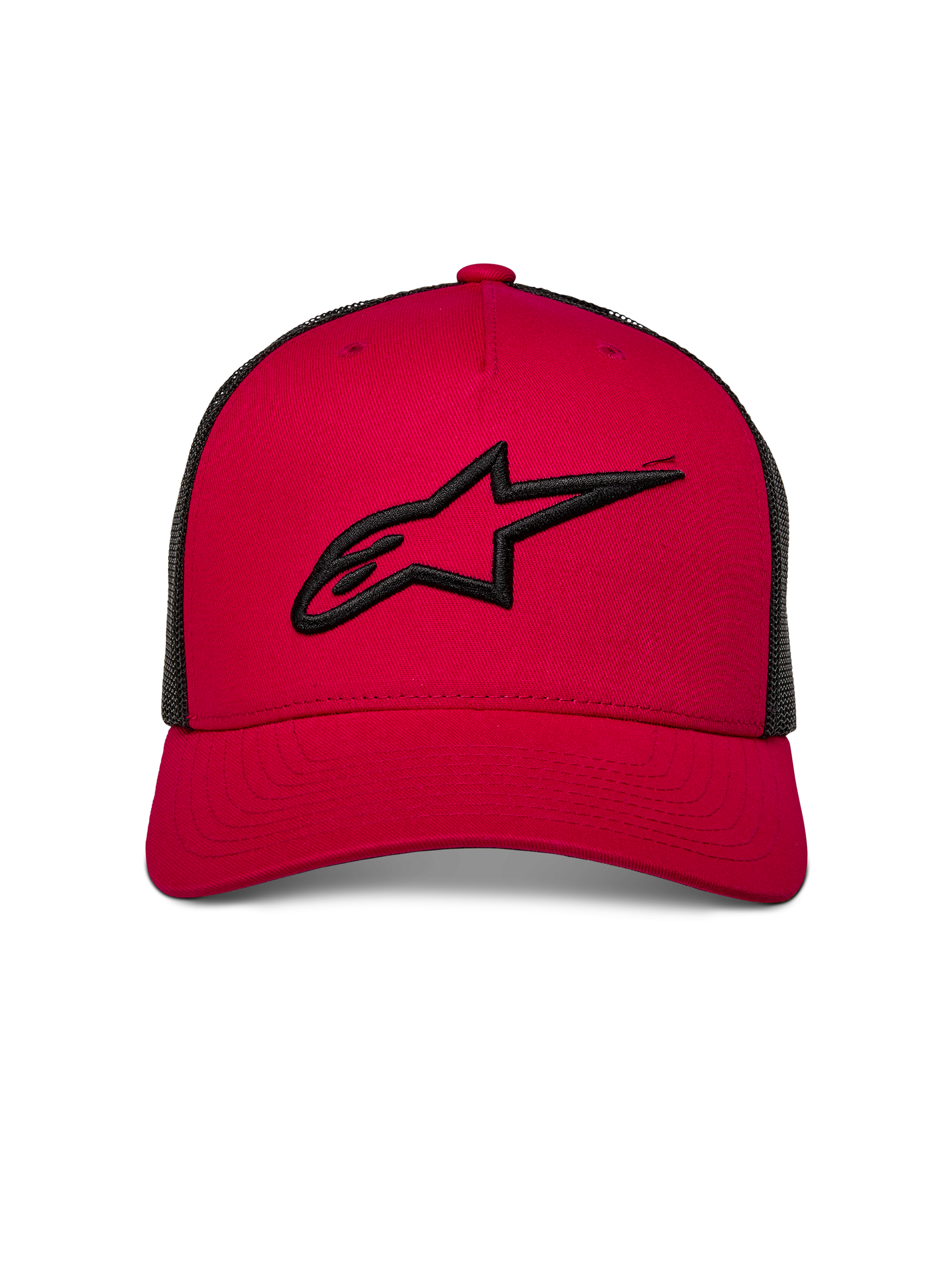 Gorra Trucker Alpinestars Ageless, roja con parte trasera de malla negra, logotipo Astars bordado en 3D en negro en la parte frontal, visera curva, accesorio casual inspirado en el automovilismo