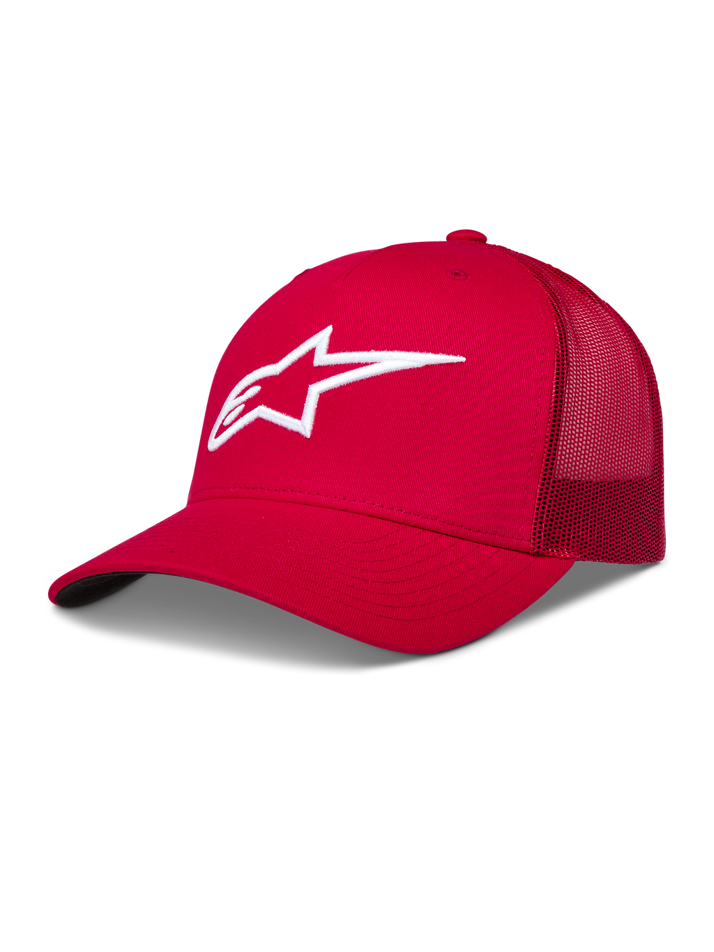 Alpinestars Ageless Snapback, gorra roja con malla trasera, corona estructurada y logo Astars blanco bordado en 3D.