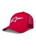 Alpinestars Ageless Snapback, gorra roja con malla trasera, corona estructurada y logo Astars blanco bordado en 3D.
