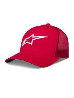 Alpinestars Ageless Snapback, gorra roja con malla trasera, corona estructurada y logo Astars blanco bordado en 3D.