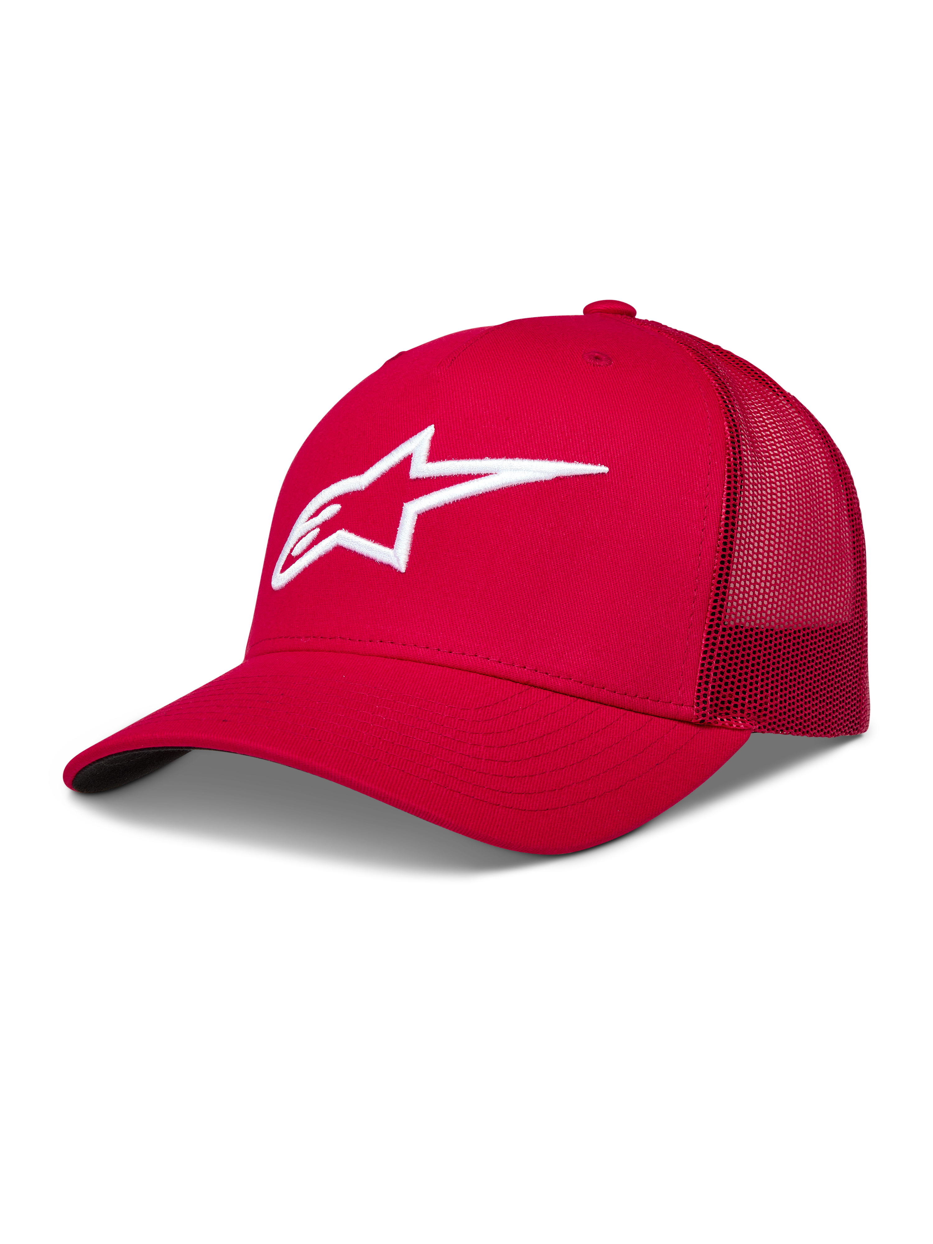 Alpinestars Ageless Snapback, gorra roja con malla trasera, corona estructurada y logo Astars blanco bordado en 3D.