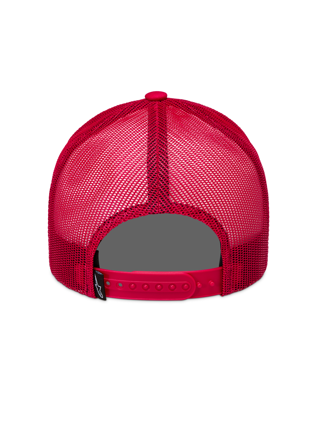 Alpinestars Ageless Snapback gorro, vista trasera de gorra roja con paneles de malla, cierre ajustable y etiqueta de logo