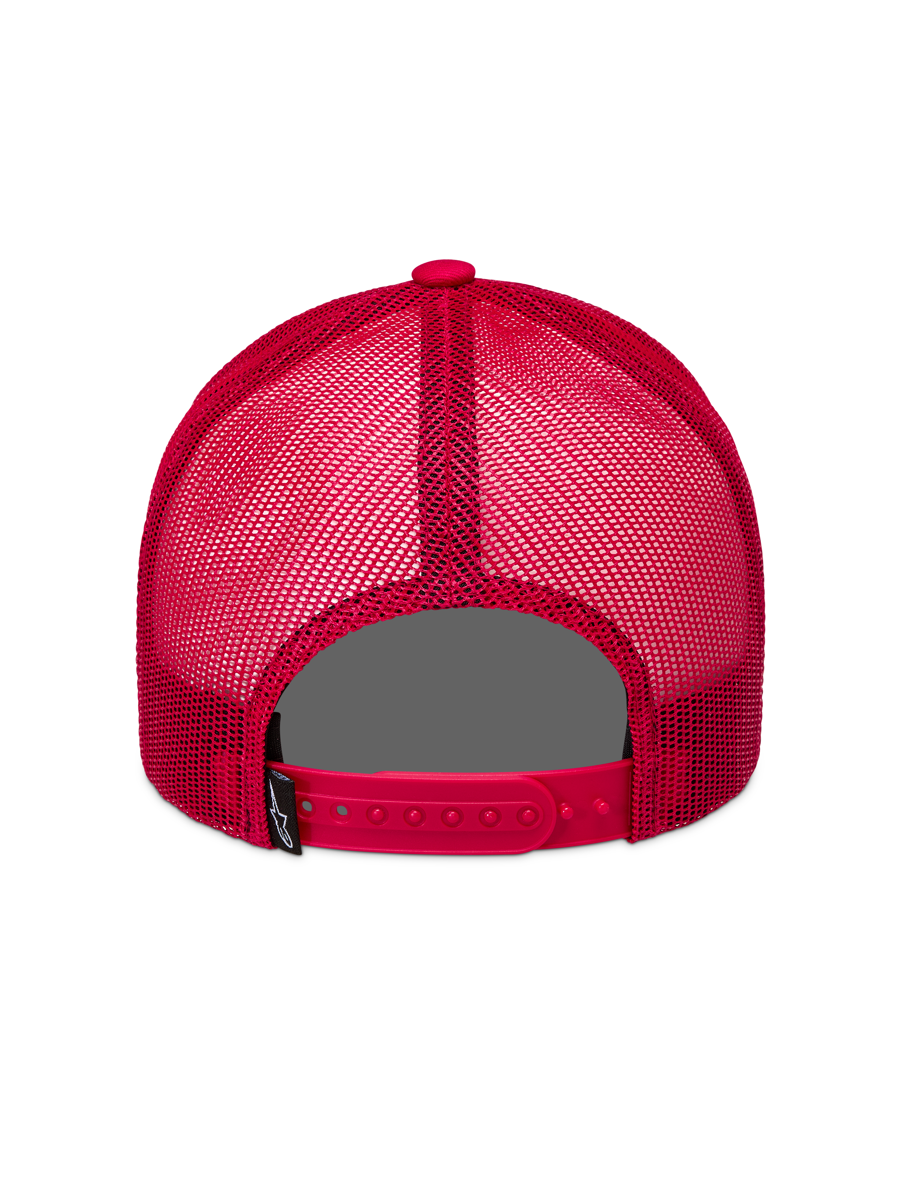 Alpinestars Ageless Snapback gorro, vista trasera de gorra roja con paneles de malla, cierre ajustable y etiqueta de logo