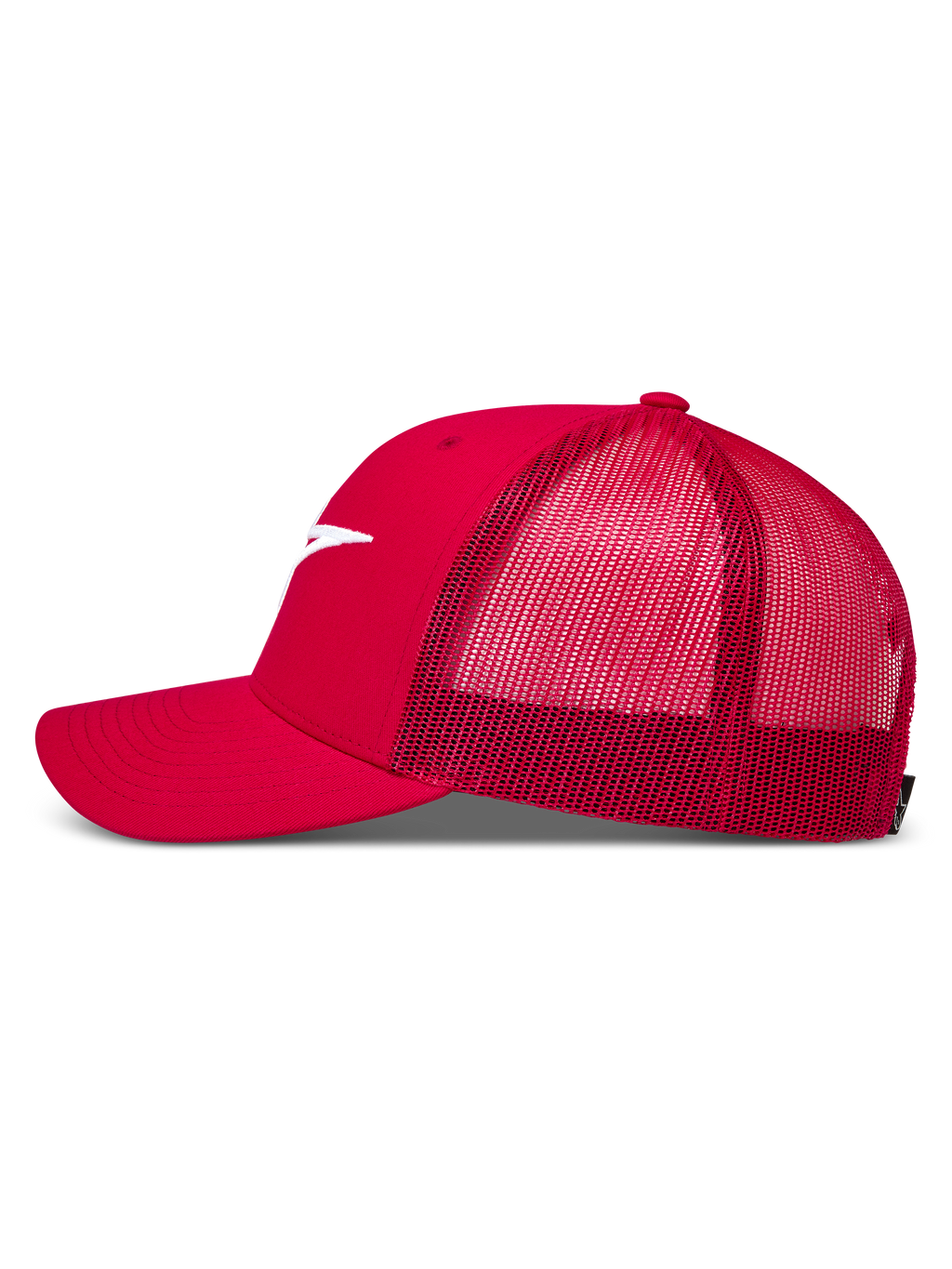 Alpinestars Ageless Trucker, gorra deportiva roja con malla trasera transpirable, visera curva y bordado de logotipo blanco, estilo motorsports
