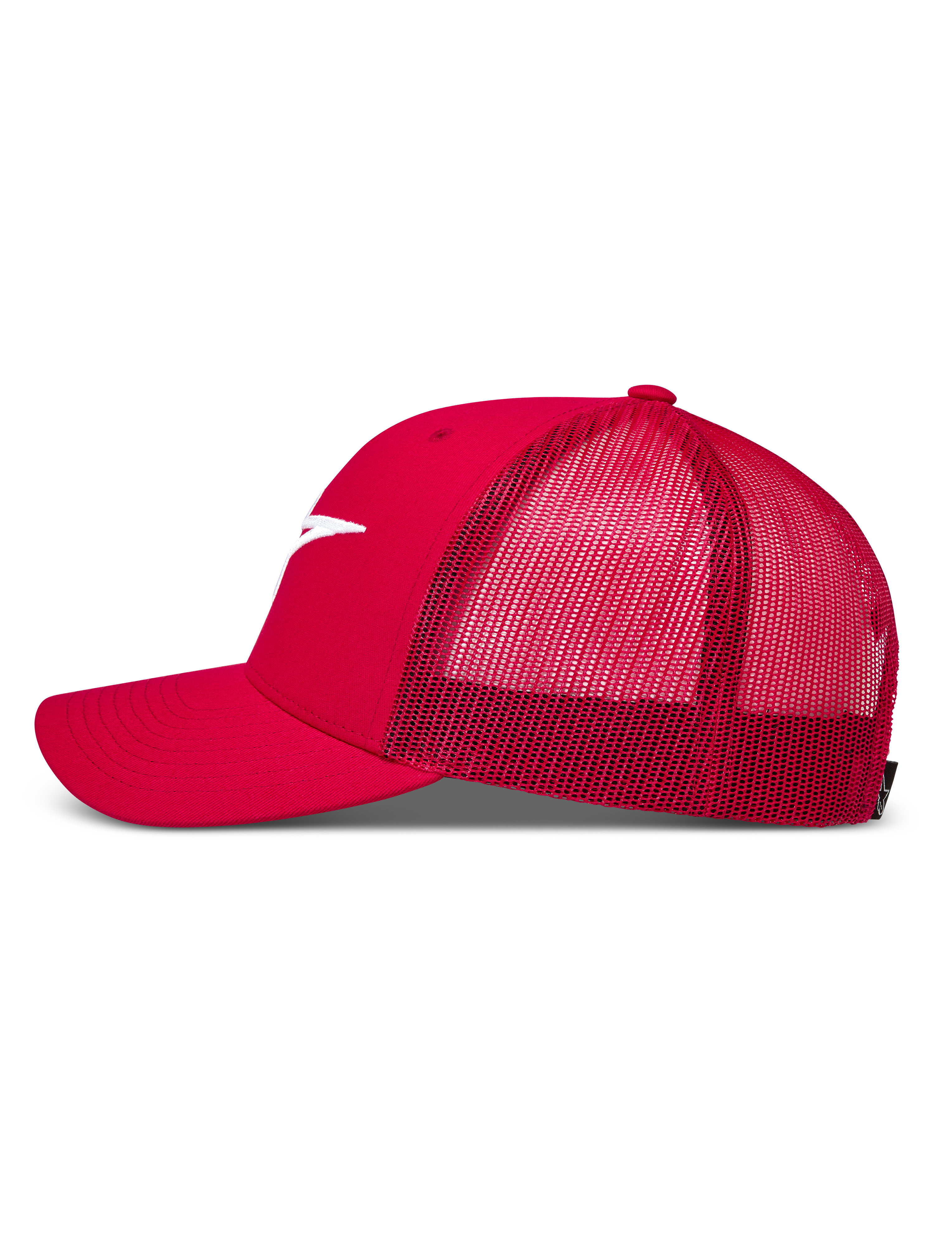 Alpinestars Ageless Trucker, gorra deportiva roja con malla trasera transpirable, visera curva y bordado de logotipo blanco, estilo motorsports