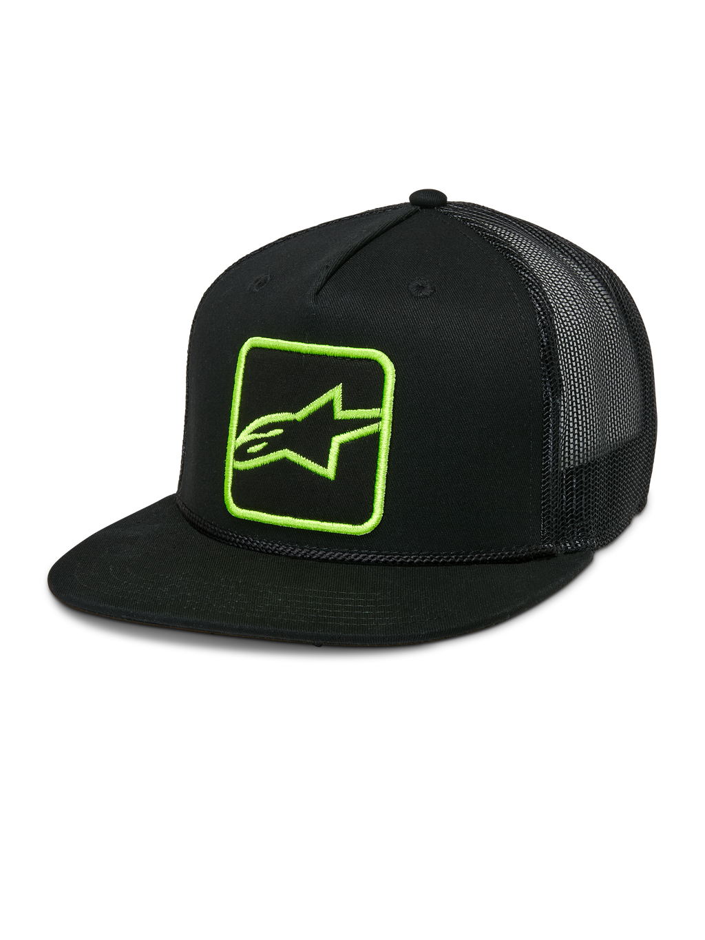 Gorra Alpinestars Control Trucker, negra con logotipo verde neón, gorra snapback con parte trasera de malla, visera plana con detalle de cuerda trenzada, panel frontal estructurado con logotipo Astars bordado, estilo casual de motociclismo