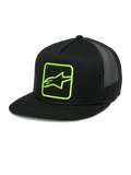 Gorra Alpinestars Control Trucker, negra con logotipo verde neón, gorra snapback con parte trasera de malla, visera plana con detalle de cuerda trenzada, panel frontal estructurado con logotipo Astars bordado, estilo casual de motociclismo