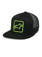Gorra Alpinestars Control Trucker, negra con logotipo verde neón, gorra snapback con parte trasera de malla, visera plana con detalle de cuerda trenzada, panel frontal estructurado con logotipo Astars bordado, estilo casual de motociclismo