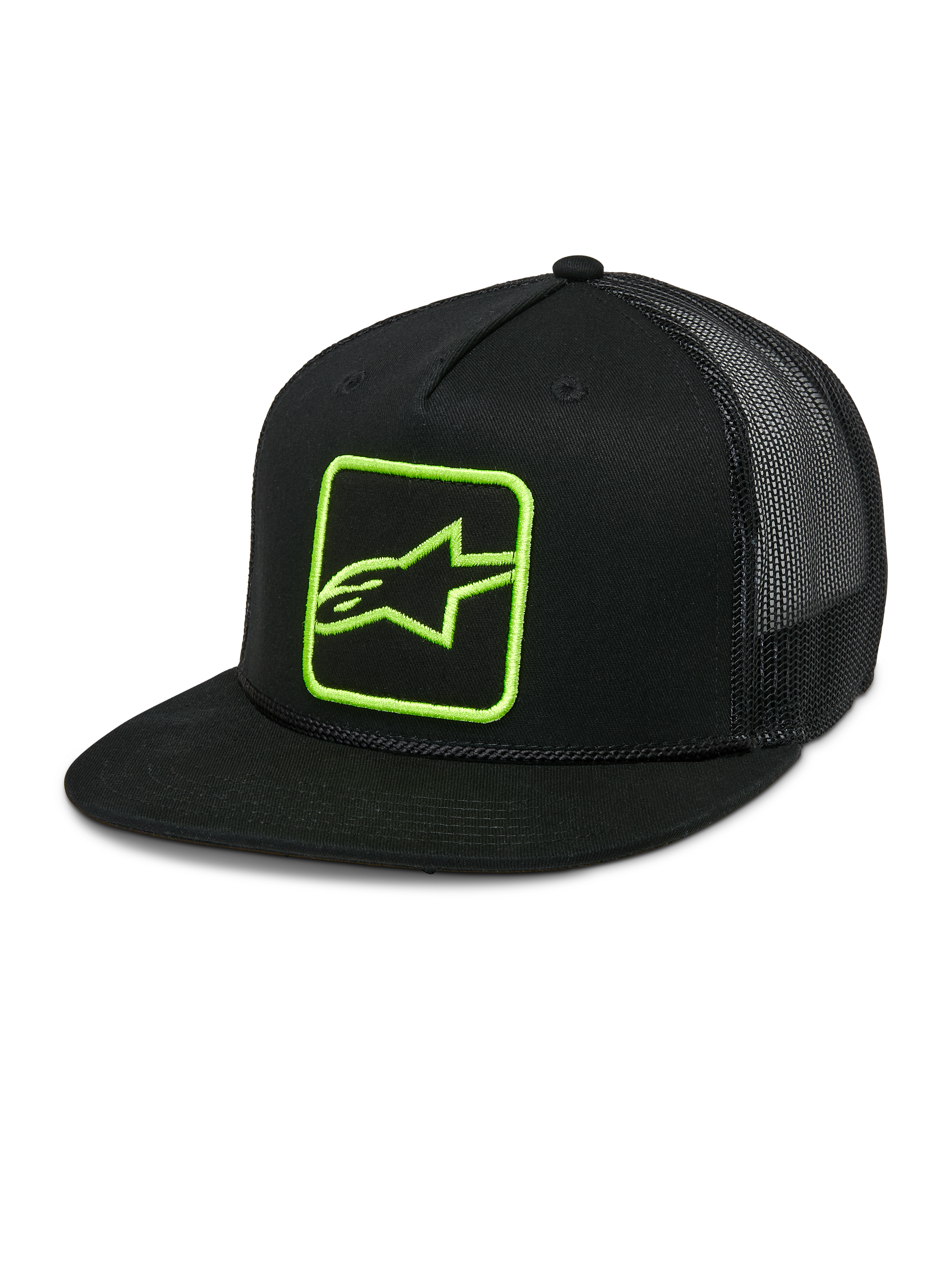 Gorra Alpinestars Control Trucker, negra con logotipo verde neón, gorra snapback con parte trasera de malla, visera plana con detalle de cuerda trenzada, panel frontal estructurado con logotipo Astars bordado, estilo casual de motociclismo