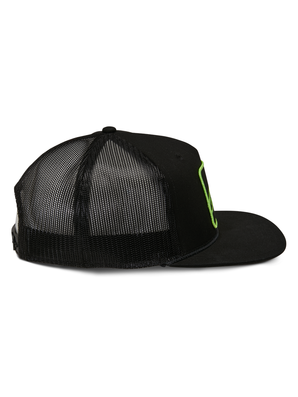 Alpinestars Control Trucker Hat, gorra tipo trucker negra, vista lateral con parte trasera de malla y visera plana, contorno del logotipo bordado en verde lima, estilo casual motorsport streetwear