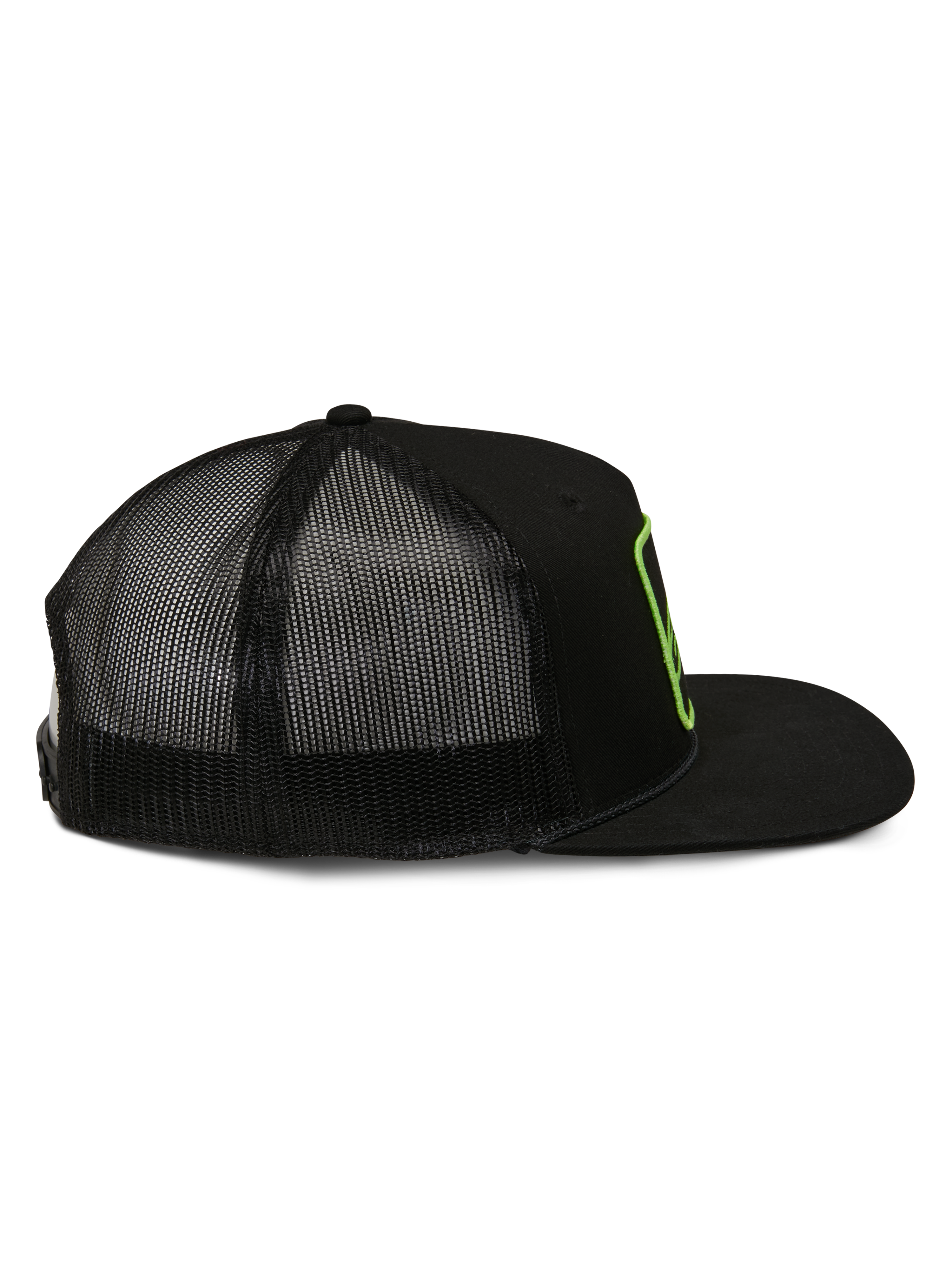 Alpinestars Control Trucker Hat, gorra tipo trucker negra, vista lateral con parte trasera de malla y visera plana, contorno del logotipo bordado en verde lima, estilo casual motorsport streetwear