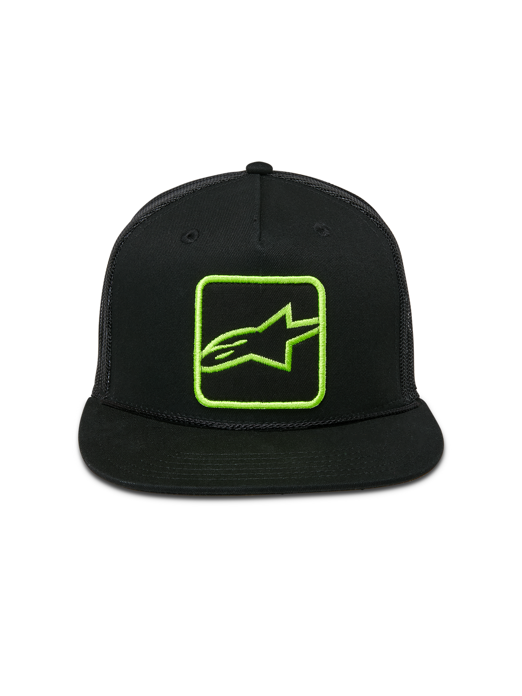 Gorra Alpinestars Control Trucker, negra con logotipo bordado en verde lima, visera plana con cuerda trenzada, parte trasera de malla y cierre a presión, estilo casual de automovilismo y streetwear