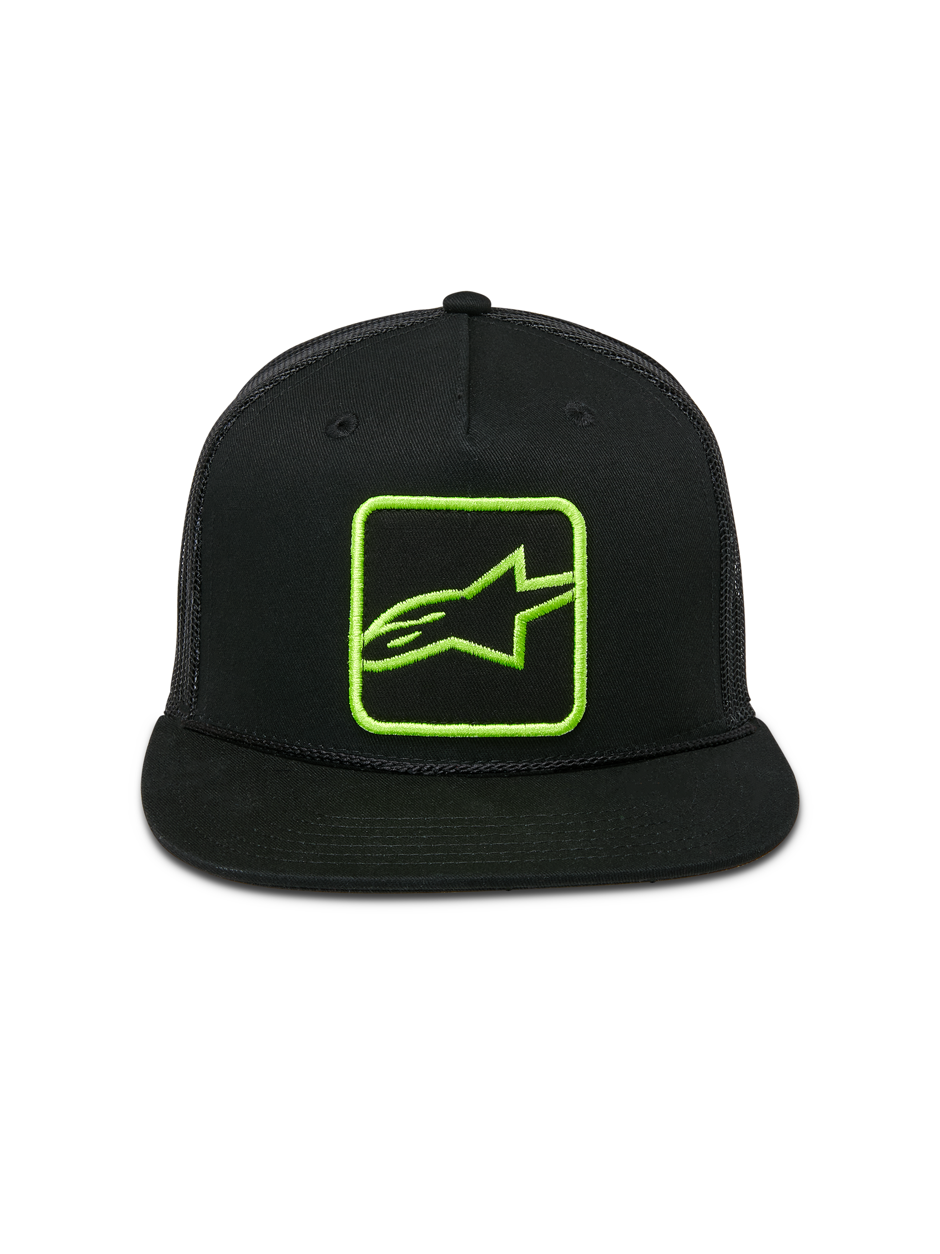 Gorra Alpinestars Control Trucker, negra con logotipo bordado en verde lima, visera plana con cuerda trenzada, parte trasera de malla y cierre a presión, estilo casual de automovilismo y streetwear