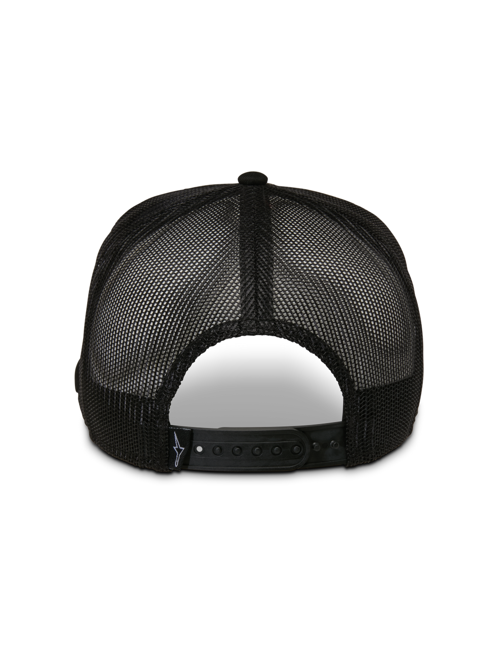 Gorra Trucker Control de Alpinestars, vista trasera, color negro, con paneles de malla transpirable y cierre snapback ajustable, gorra casual de estilo motorsport