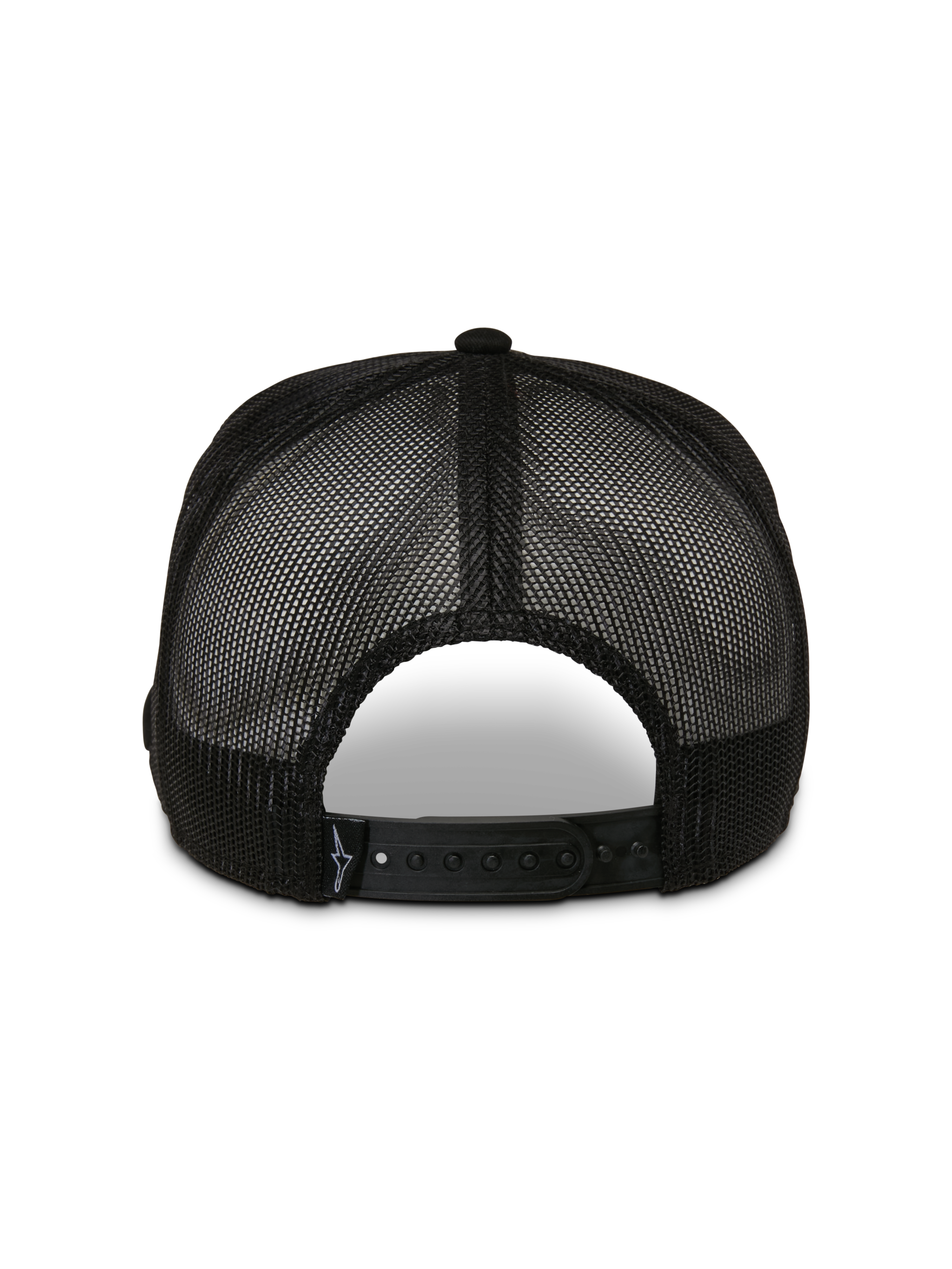 Gorra Trucker Control de Alpinestars, vista trasera, color negro, con paneles de malla transpirable y cierre snapback ajustable, gorra casual de estilo motorsport
