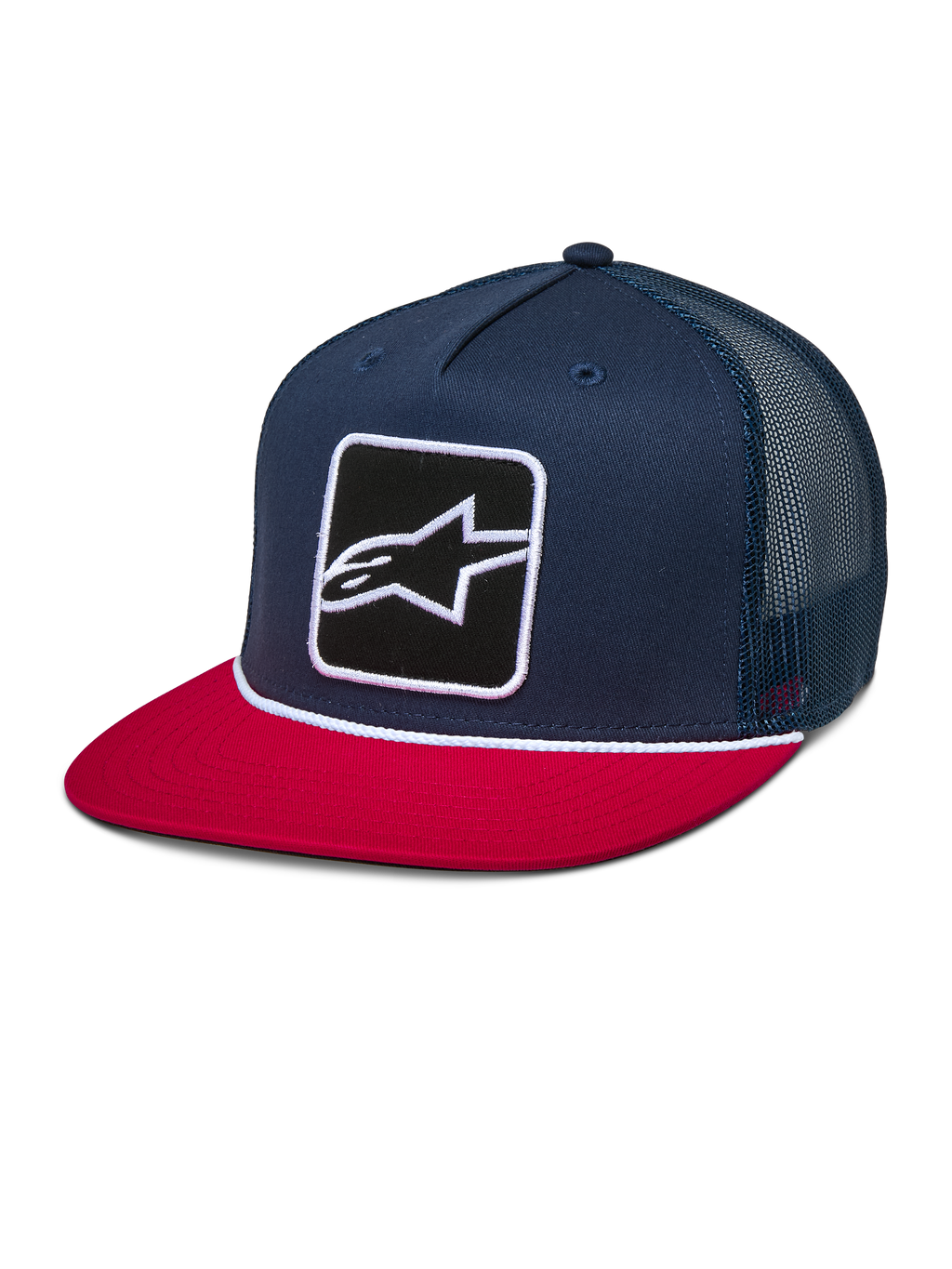 Alpinestars Control Trucker Hat, azul marino y rojo, gorra de visera plana con cierre a presión y parte trasera de malla azul marino, con un parche bordado del logotipo Astars en el frente y detalle de cuerda trenzada blanca, accesorio casual inspirado en el automovilismo