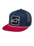 Alpinestars Control Trucker Hat, azul marino y rojo, gorra de visera plana con cierre a presión y parte trasera de malla azul marino, con un parche bordado del logotipo Astars en el frente y detalle de cuerda trenzada blanca, accesorio casual inspirado en el automovilismo