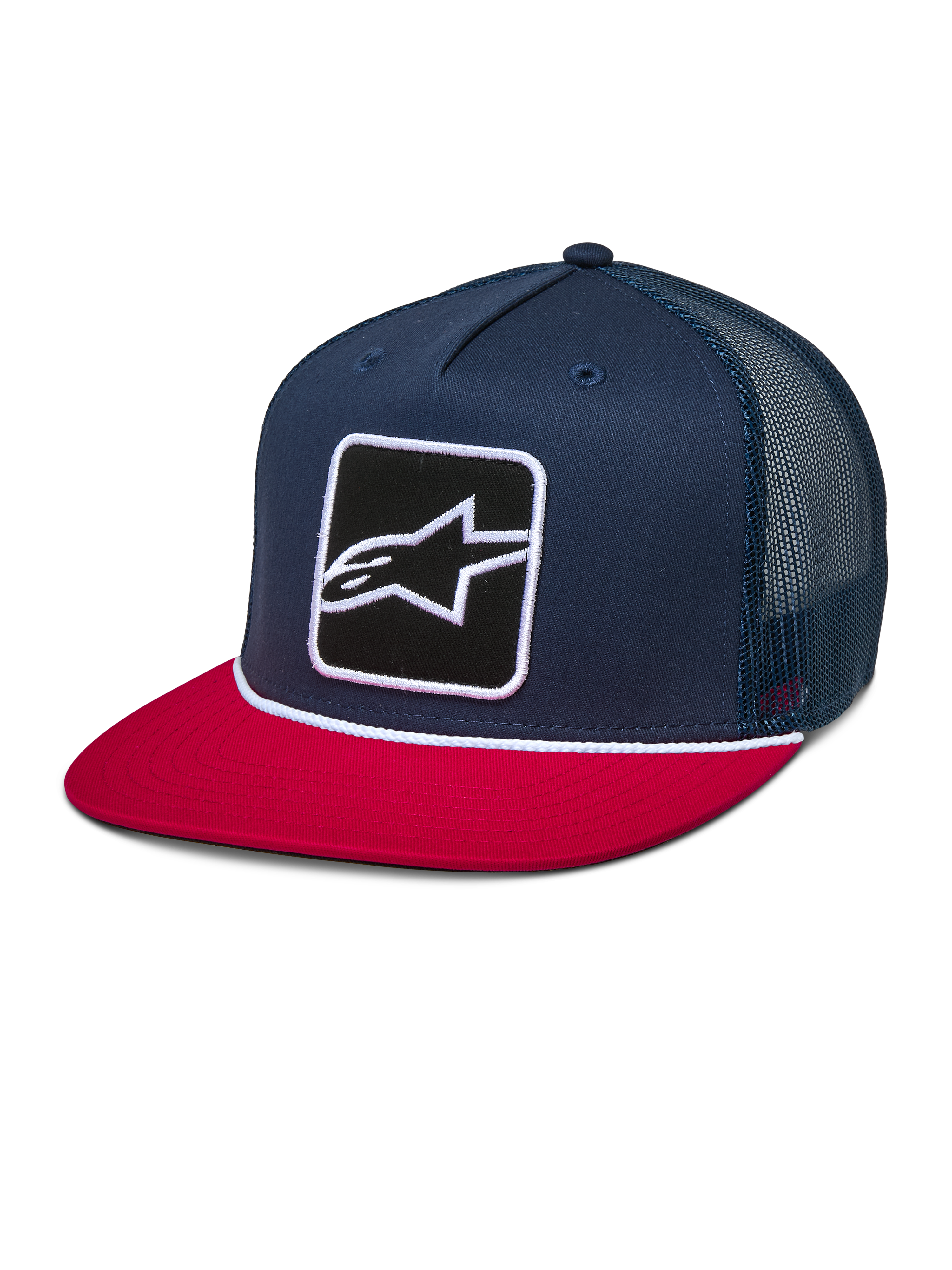 Alpinestars Control Trucker Hat, azul marino y rojo, gorra de visera plana con cierre a presión y parte trasera de malla azul marino, con un parche bordado del logotipo Astars en el frente y detalle de cuerda trenzada blanca, accesorio casual inspirado en el automovilismo
