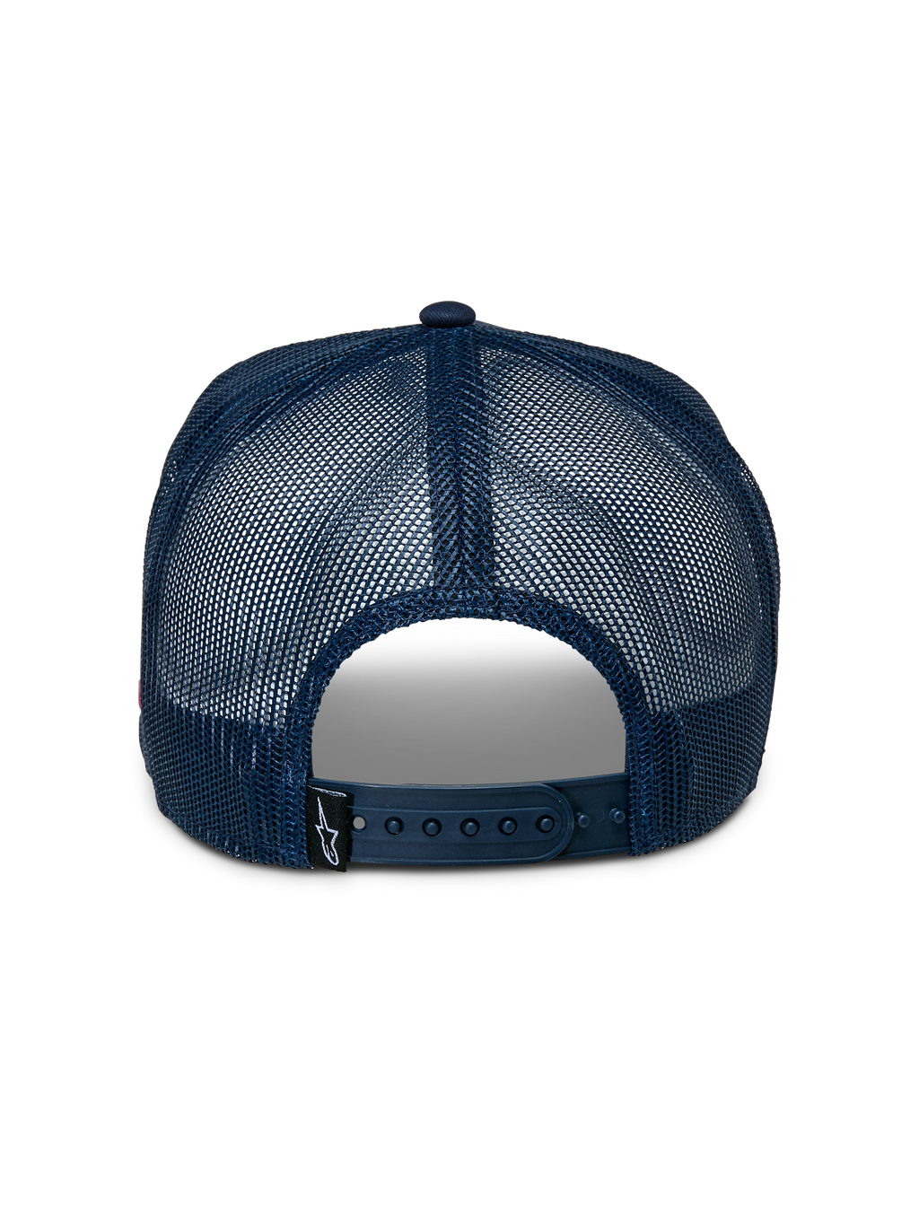 Alpinestars Gorra Trucker Control, vista trasera, parte trasera de malla azul marino, cierre a presión ajustable, pequeña etiqueta negra con el logo de Astars, accesorio de ropa deportiva casual