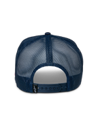Alpinestars Gorra Trucker Control, vista trasera, parte trasera de malla azul marino, cierre a presión ajustable, pequeña etiqueta negra con el logo de Astars, accesorio de ropa deportiva casual