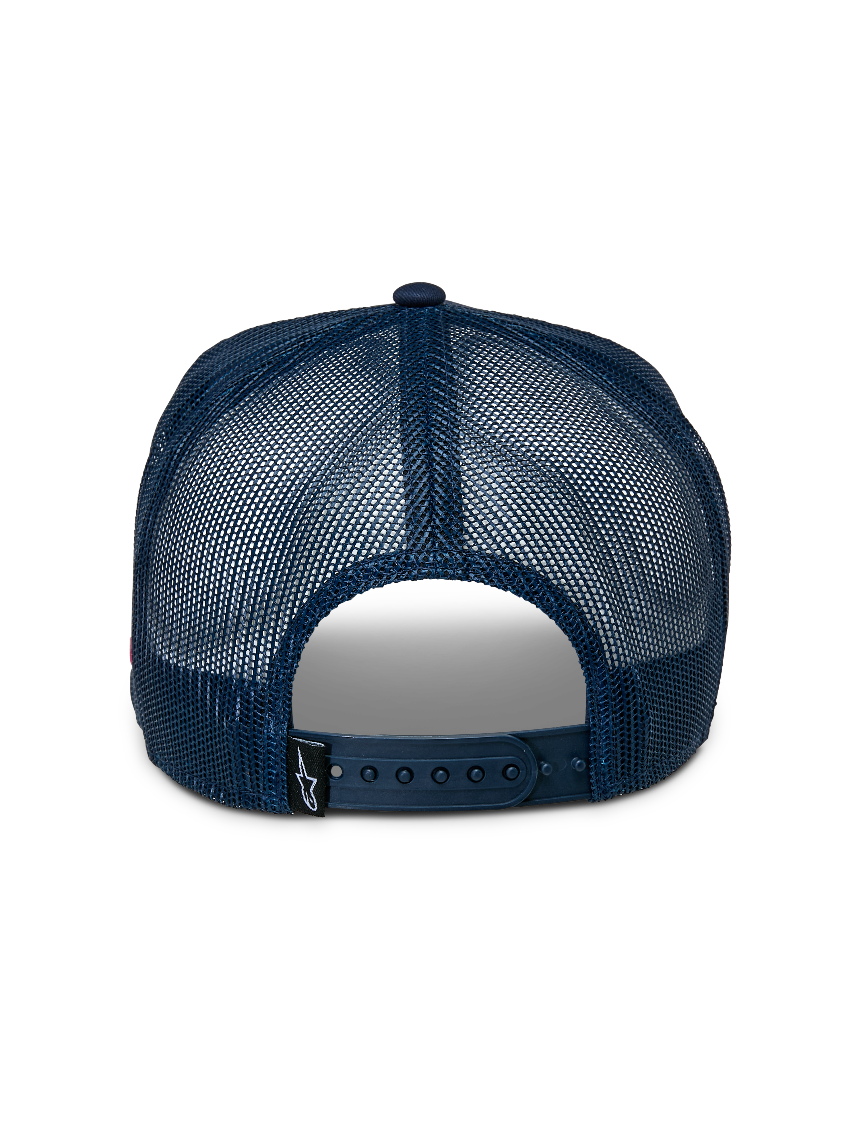 Alpinestars Gorra Trucker Control, vista trasera, parte trasera de malla azul marino, cierre a presión ajustable, pequeña etiqueta negra con el logo de Astars, accesorio de ropa deportiva casual