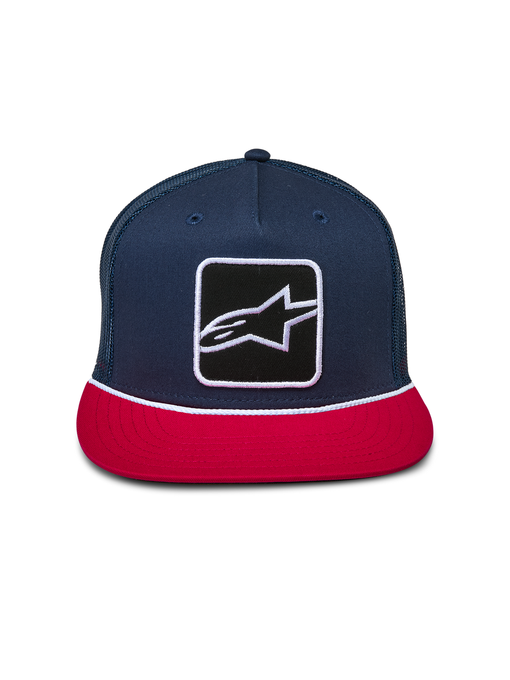 Gorra Alpinestars Control Trucker, azul marino y roja, corona estructurada con visera plana, parche frontal con el logotipo de Astars y detalle de cuerda trenzada blanca, parte trasera de malla, accesorio casual de estilo motorsport