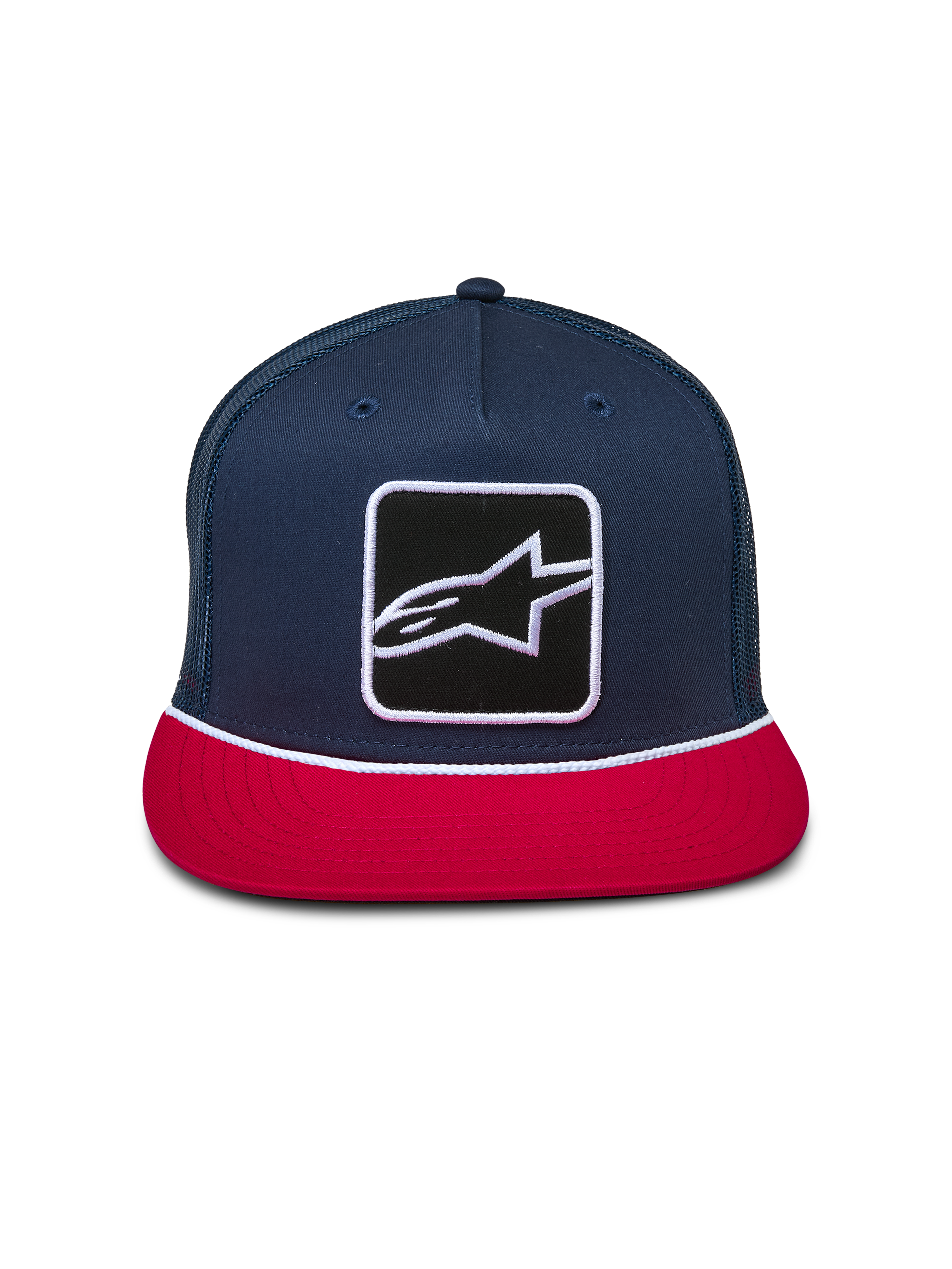 Gorra Alpinestars Control Trucker, azul marino y roja, corona estructurada con visera plana, parche frontal con el logotipo de Astars y detalle de cuerda trenzada blanca, parte trasera de malla, accesorio casual de estilo motorsport