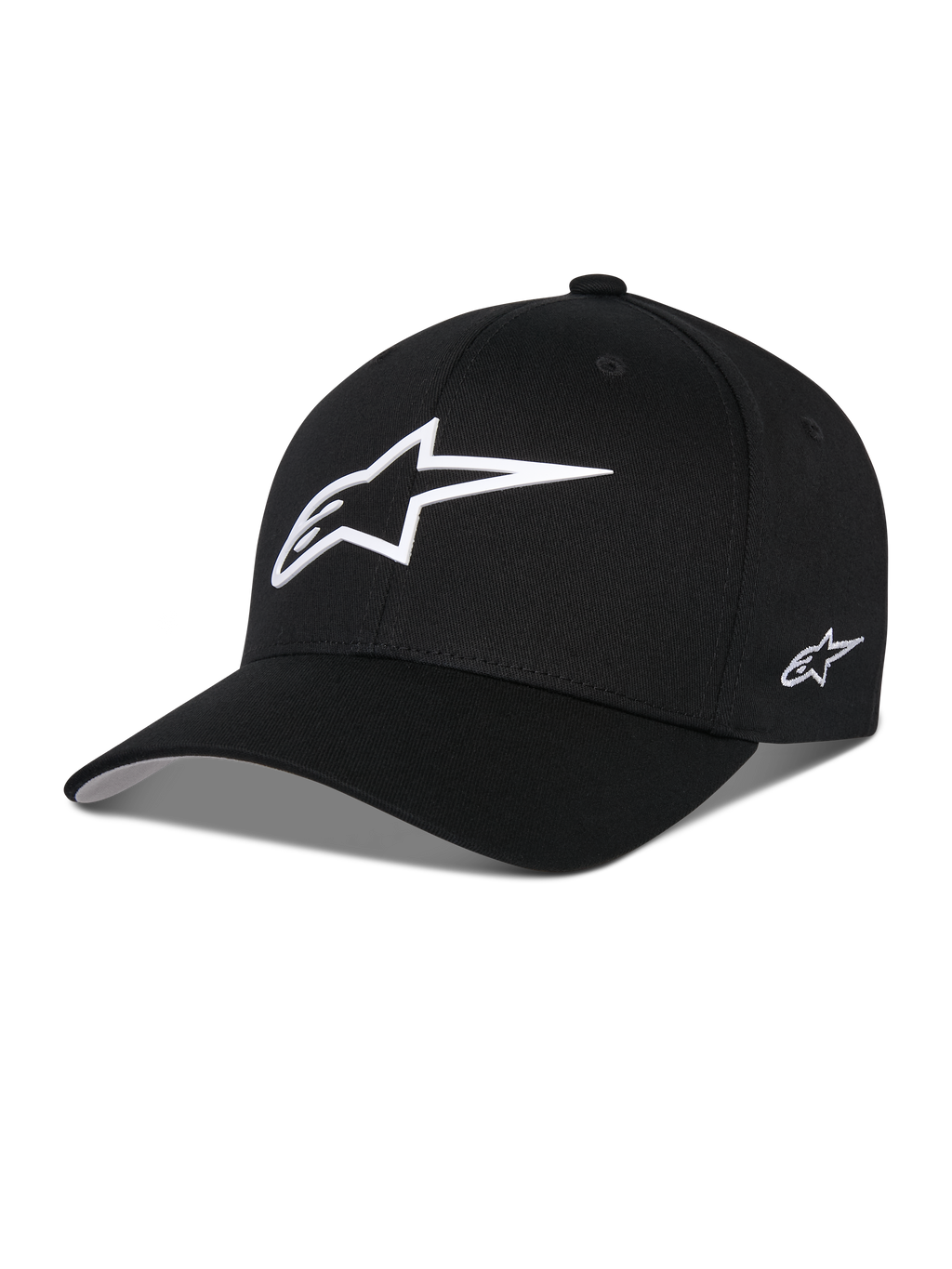 Gorra Alpinestars Ageless Multi, gorra de béisbol negra con un gran logo de estrella blanca en 3D en la parte frontal y un pequeño logo bordado en el lateral, visera curva, corona estructurada, accesorio casual inspirado en el automovilismo