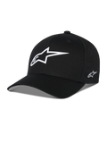 Gorra Alpinestars Ageless Multi, gorra de béisbol negra con un gran logo de estrella blanca en 3D en la parte frontal y un pequeño logo bordado en el lateral, visera curva, corona estructurada, accesorio casual inspirado en el automovilismo