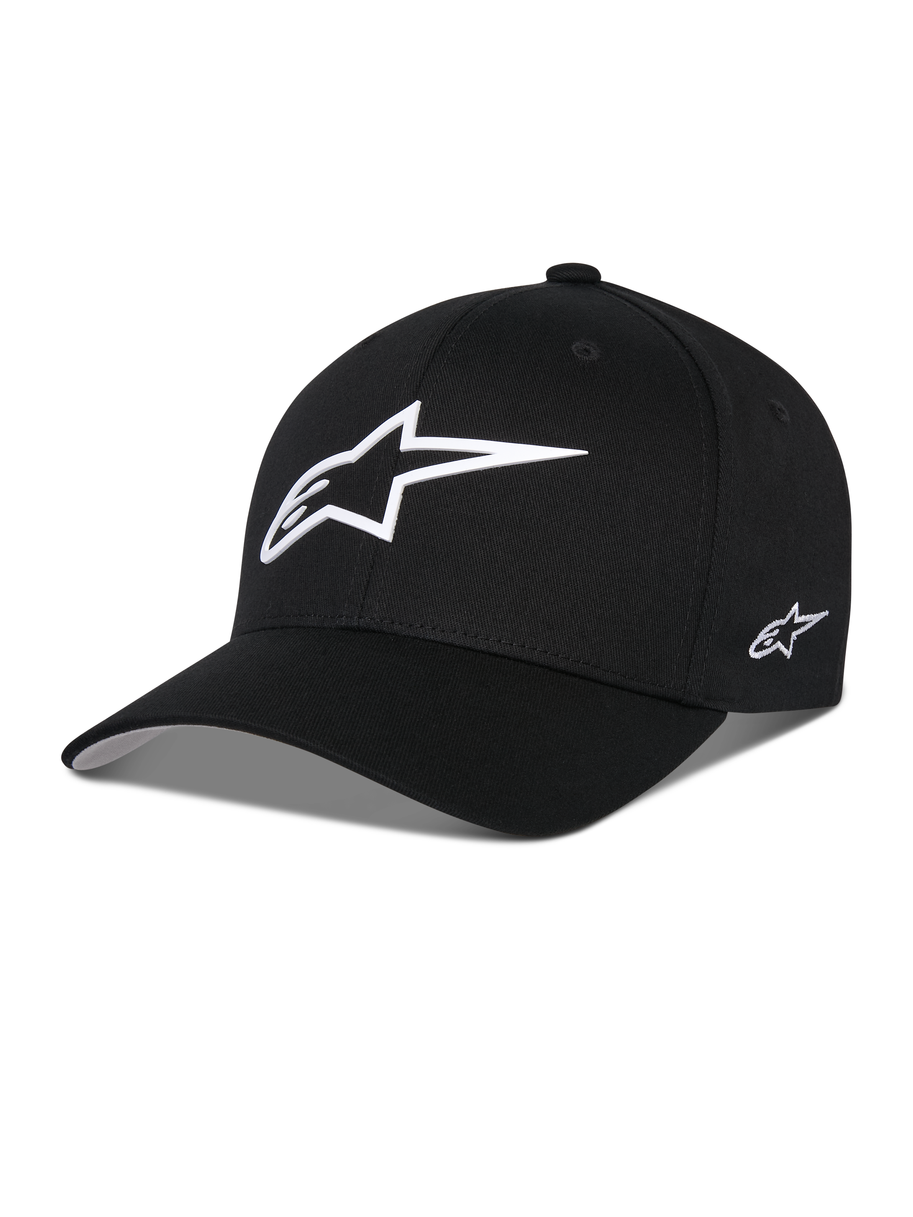 Gorra Alpinestars Ageless Multi, gorra de béisbol negra con un gran logo de estrella blanca en 3D en la parte frontal y un pequeño logo bordado en el lateral, visera curva, corona estructurada, accesorio casual inspirado en el automovilismo