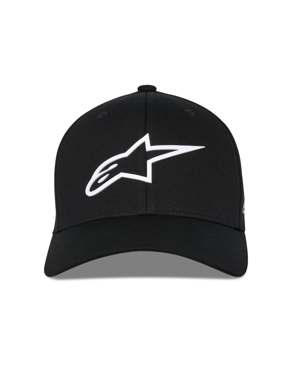Gorra Alpinestars Ageless Multi, gorra de béisbol negra, vista frontal, logotipo Astars en 3D blanco, visera curva, corona estructurada, ropa deportiva casual