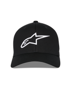 Gorra Alpinestars Ageless Multi, gorra de béisbol negra, vista frontal, logotipo Astars en 3D blanco, visera curva, corona estructurada, ropa deportiva casual