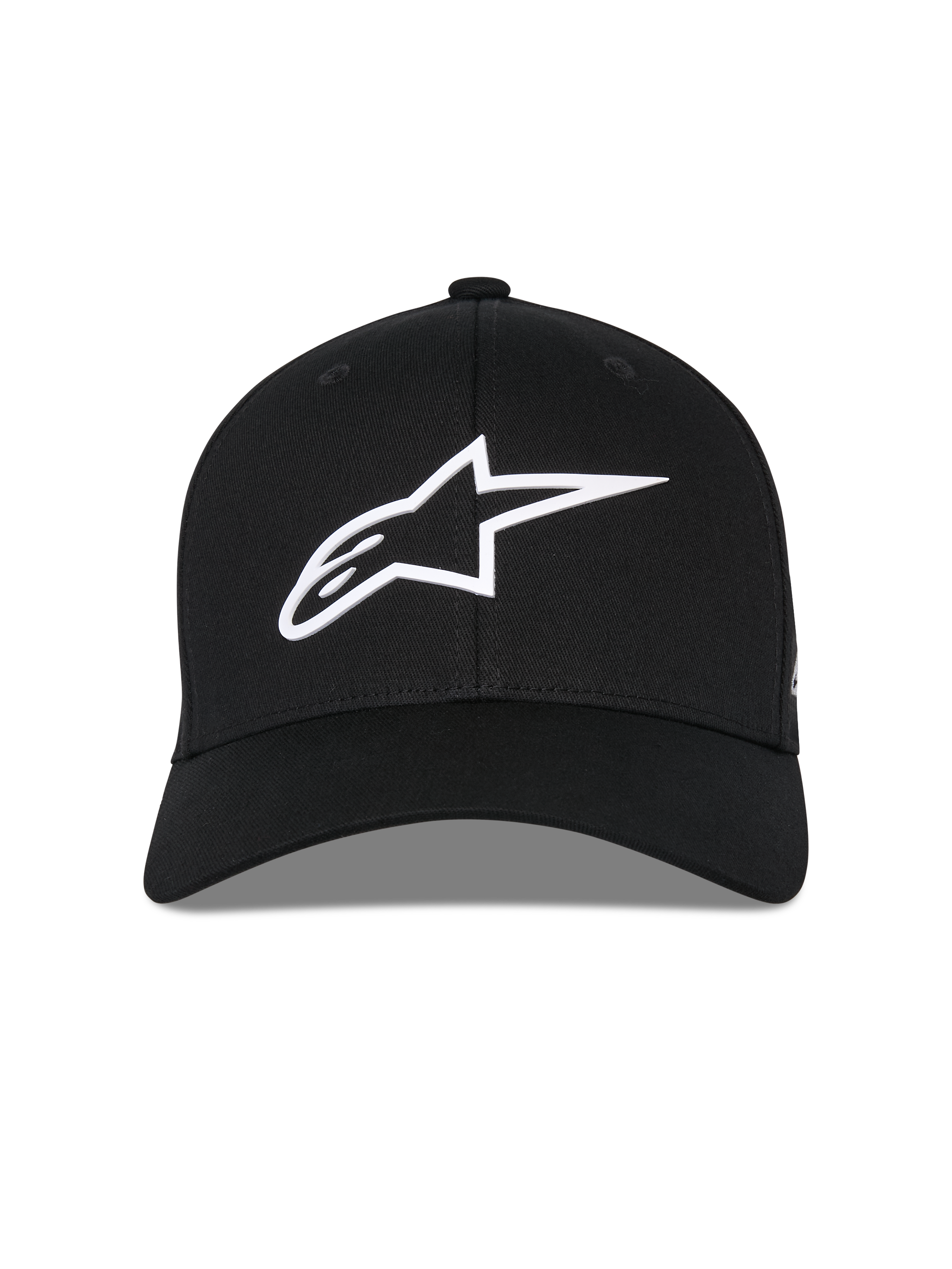 Gorra Alpinestars Ageless Multi, gorra de béisbol negra, vista frontal, logotipo Astars en 3D blanco, visera curva, corona estructurada, ropa deportiva casual