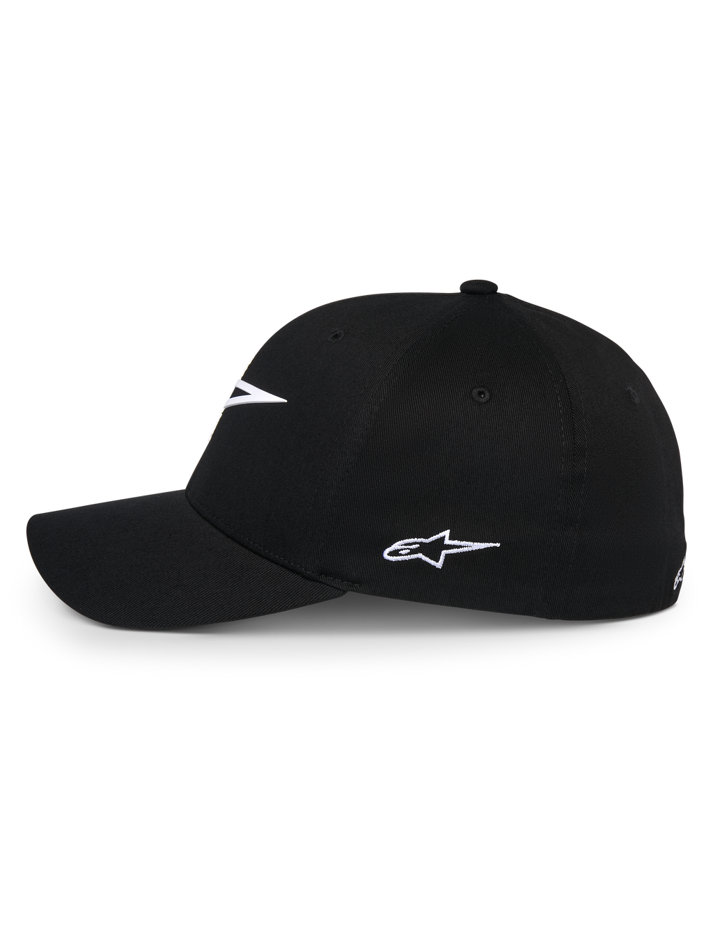 Gorra Alpinestars Ageless Multi, gorra de béisbol negra, vista de perfil lateral con logotipo Astars bordado en blanco, visera curva y corona estructurada, ropa deportiva casual