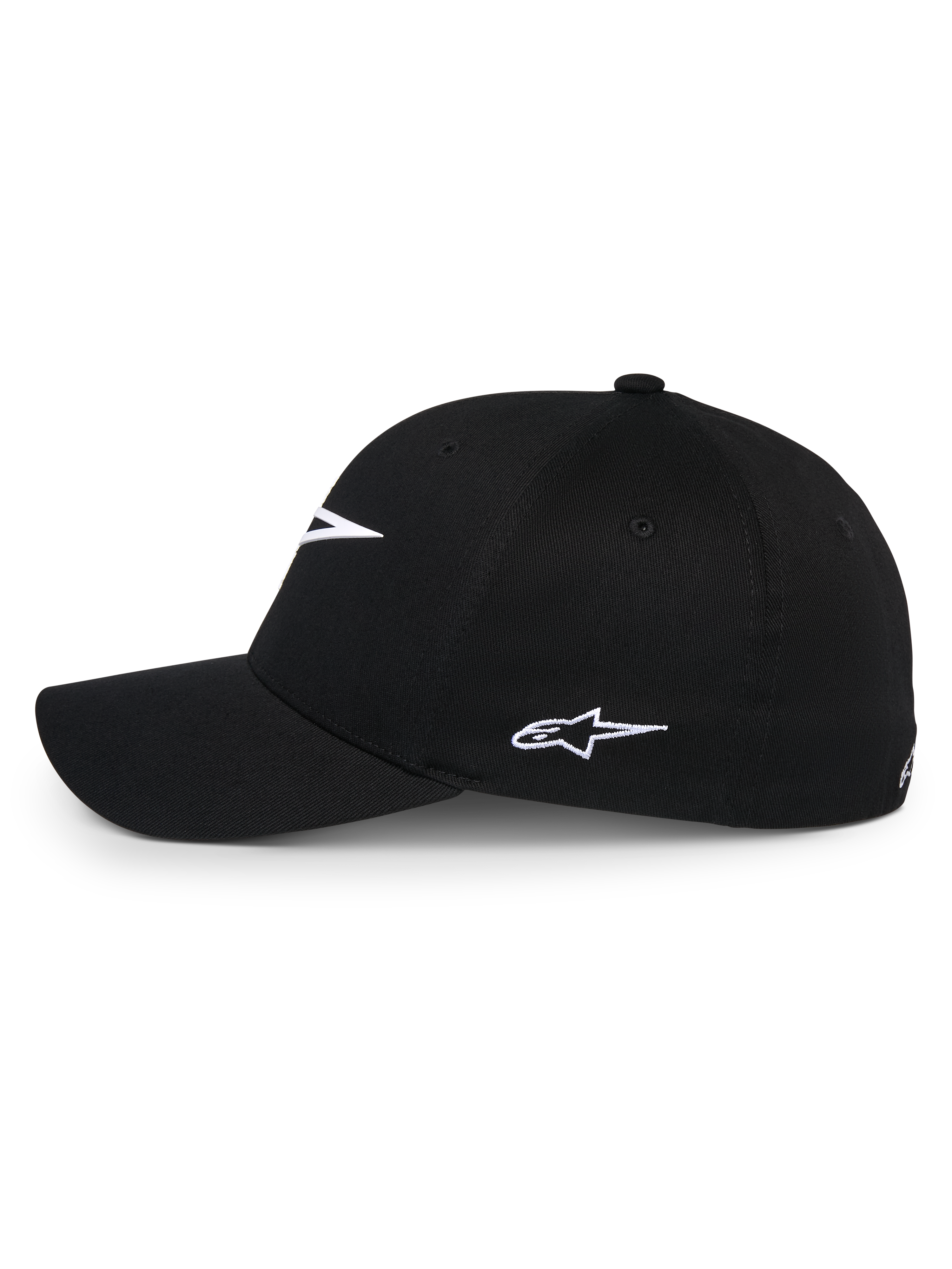 Gorra Alpinestars Ageless Multi, gorra de béisbol negra, vista de perfil lateral con logotipo Astars bordado en blanco, visera curva y corona estructurada, ropa deportiva casual