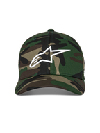 Alpinestars Ageless Multi Hat, Baseball Cap, Green Camo, featuring a white 3D printed Astars logo on the front, structured crown with a curved bill, casual motorsport-inspired headwear