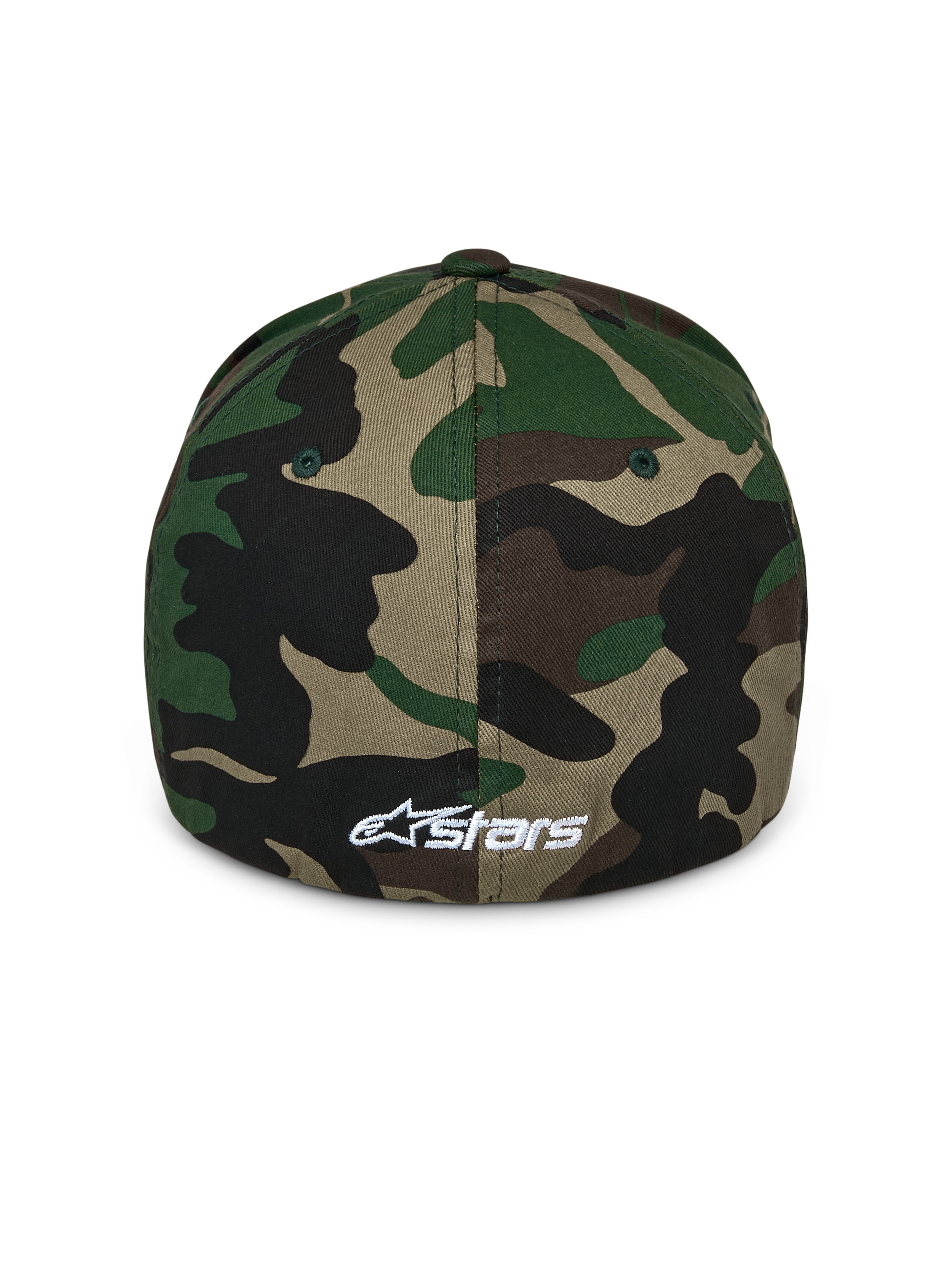 Alpinestars Ageless Multi Hat, Green Camo baseball cap, back view showing a small white embroidered Astars logo, featuring a structured crown and flex back design