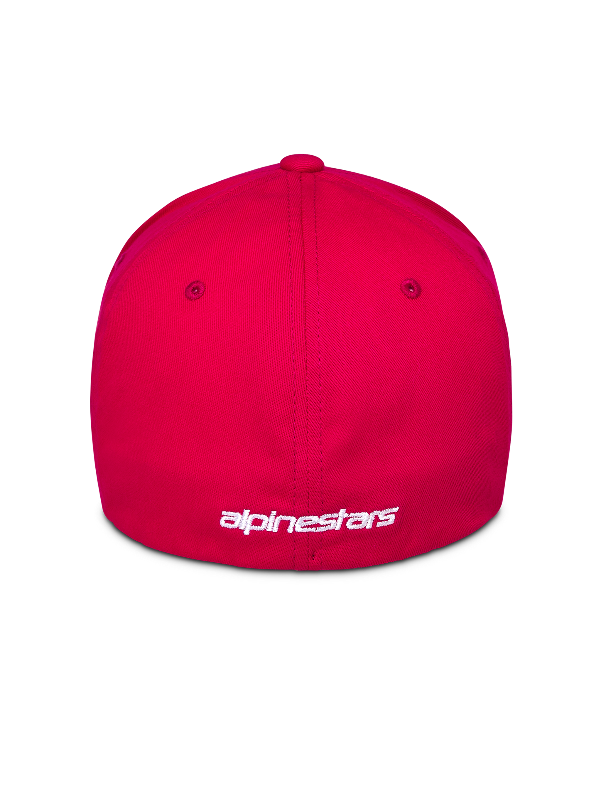 Gorra Alpinestars Corp Shift Multi, roja, vista trasera que muestra el logotipo bordado en blanco, diseño de parte trasera flexible, ropa deportiva casual inspirada en el automovilismo