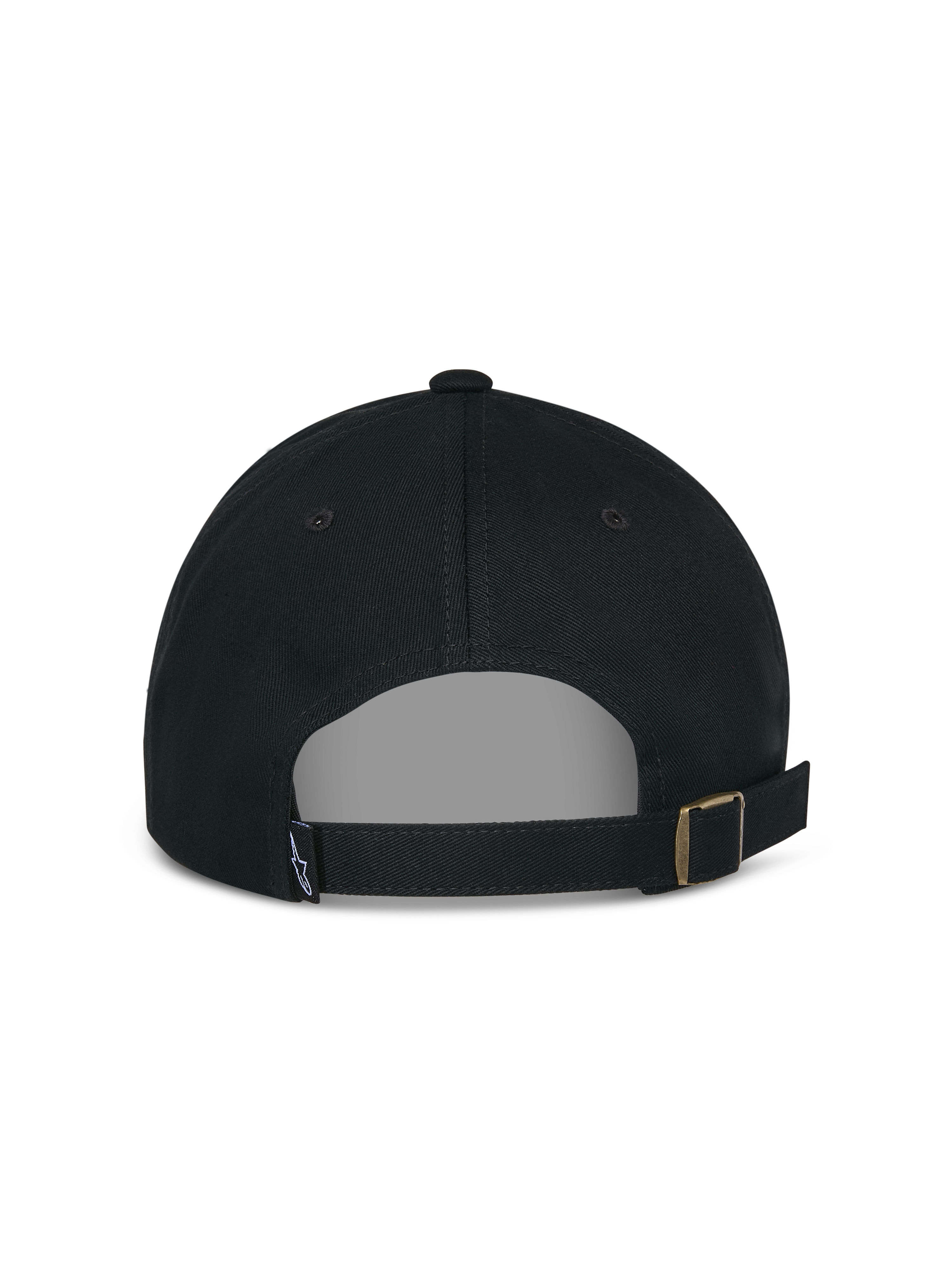 Alpinestars Deduce Strapback Hat, Black, Rear view featuring adjustable strap closure with metal buckle and small logo label, casual cotton twill cap