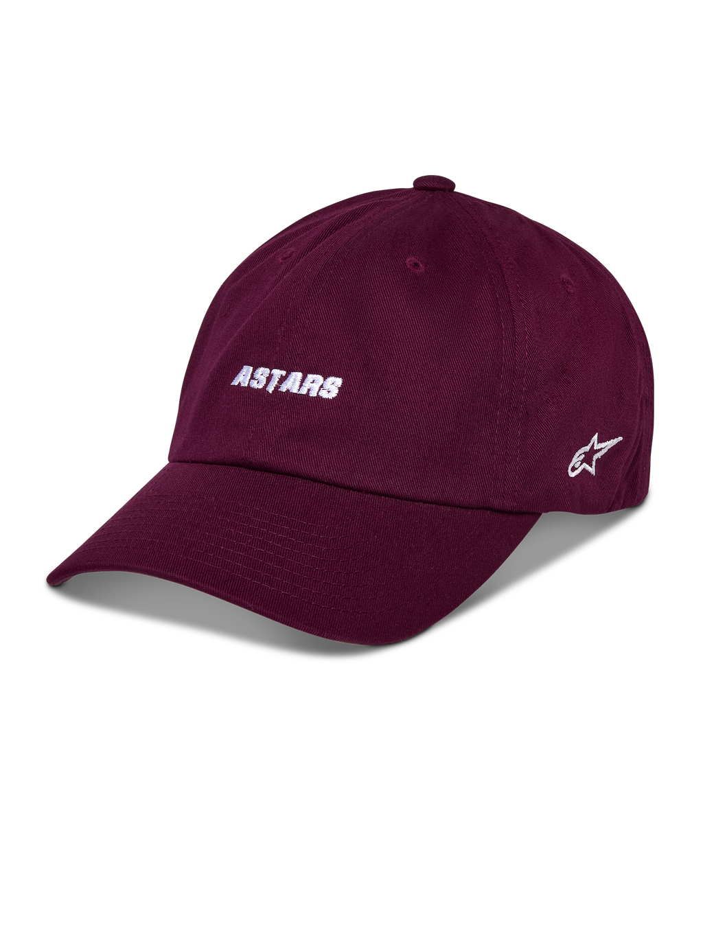 Alpinestars Deduce Strapback Hat, gorra de béisbol color borgoña, texto ASTARS bordado en blanco en el frente, logo de estrella en el lateral, visera curva, estilo casual motorsport streetwear