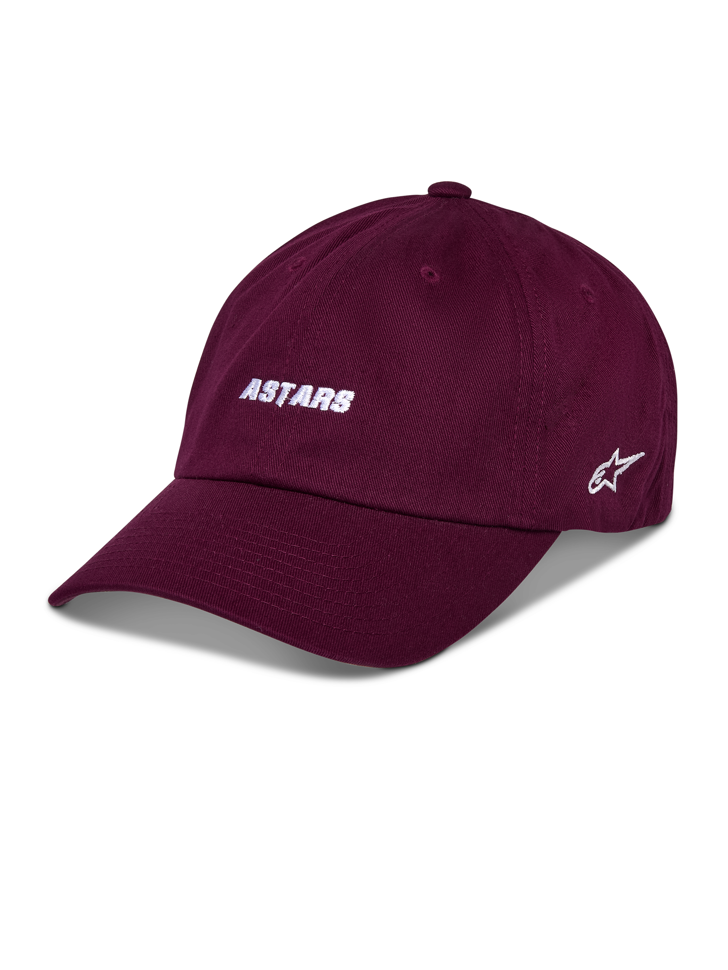 Alpinestars Deduce Strapback Hat, gorra de béisbol color borgoña, texto ASTARS bordado en blanco en el frente, logo de estrella en el lateral, visera curva, estilo casual motorsport streetwear
