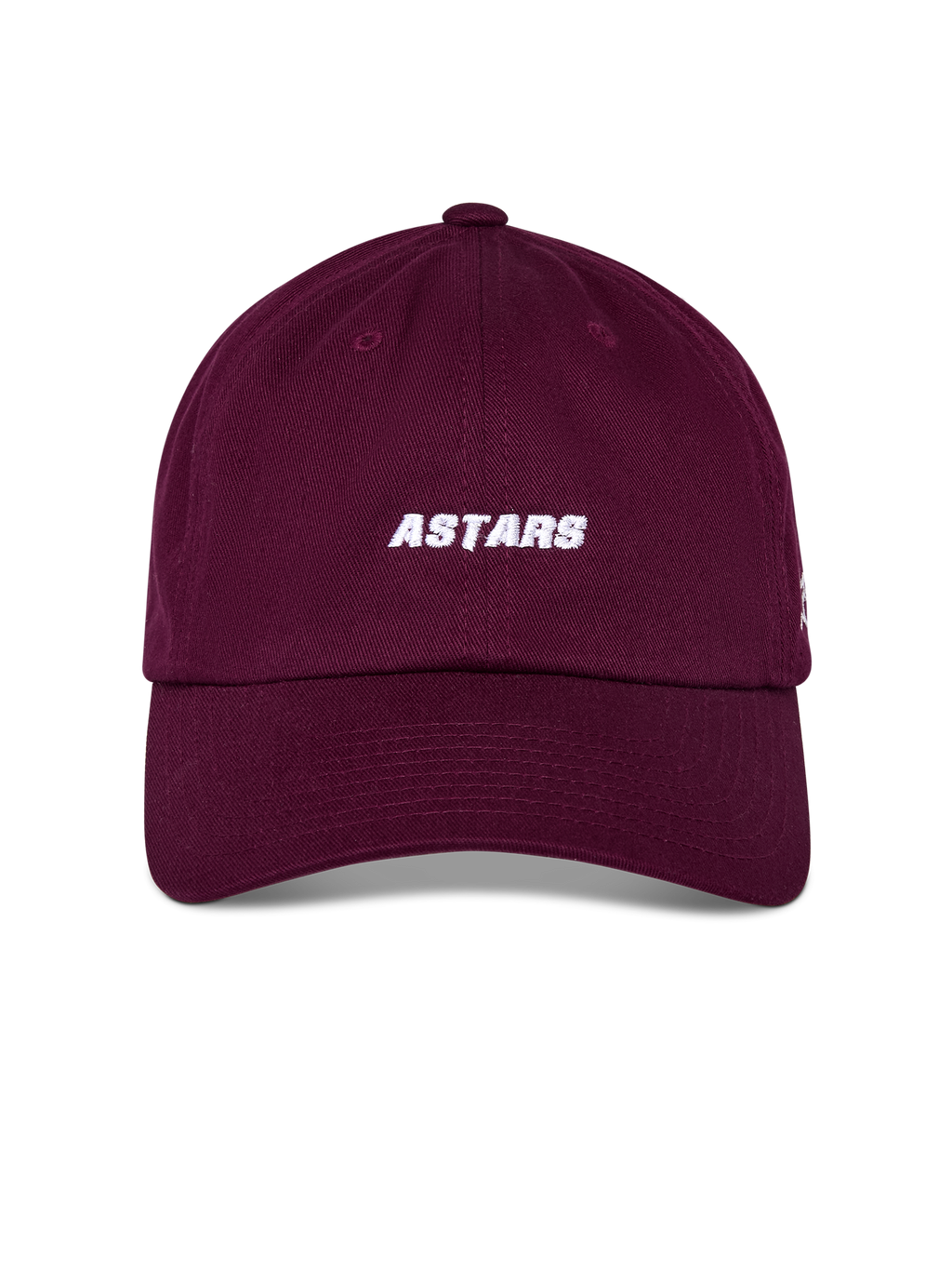 Gorra Alpinestars Deduce Strapback, color granate, bordado blanco frontal ASTARS, visera curva con corona baja no estructurada, accesorio de estilo deportivo casual